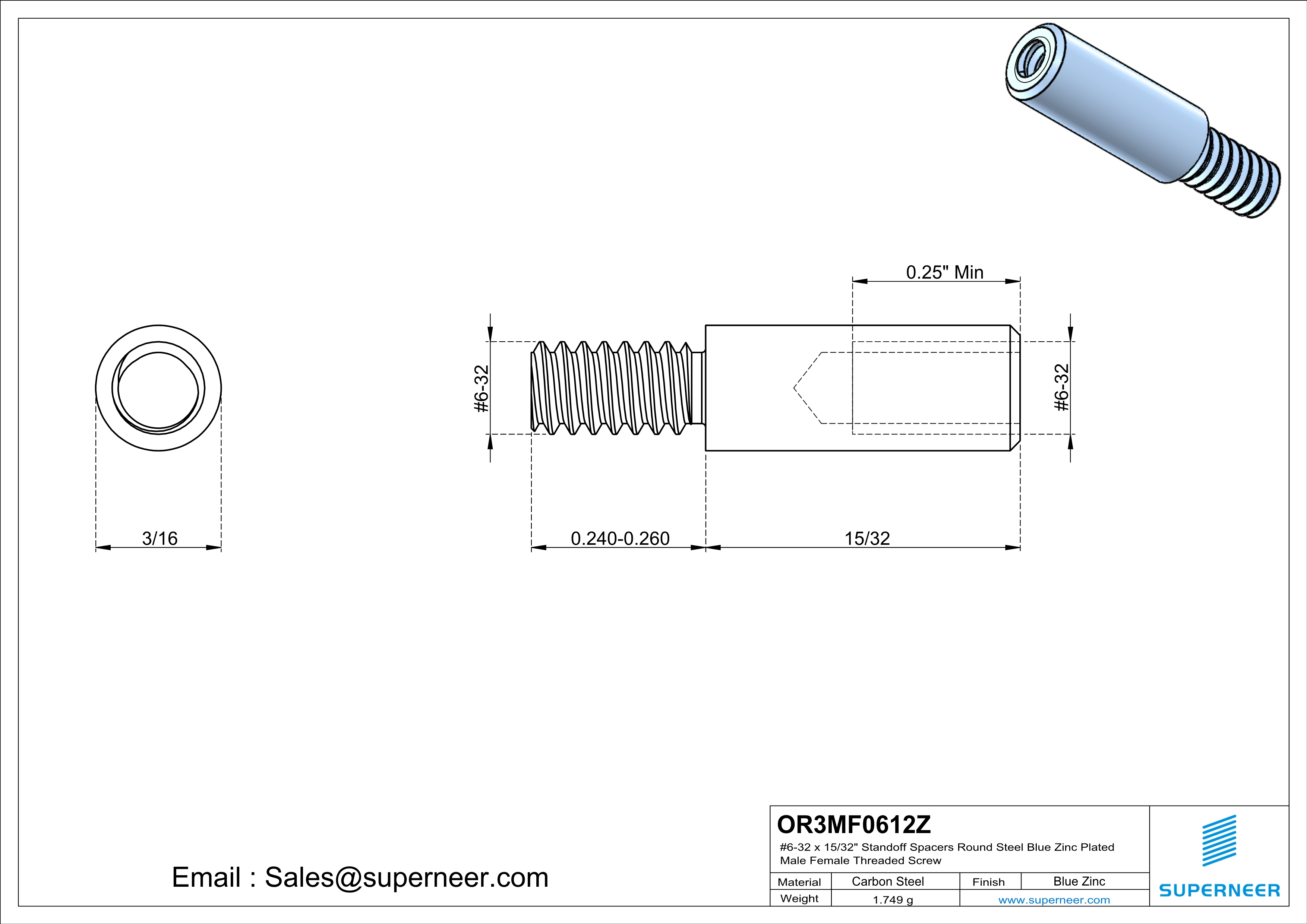 6-32 x 15/32" Standoff Spacers Round Steel Blue Zinc Plated Male Female Threaded Screw