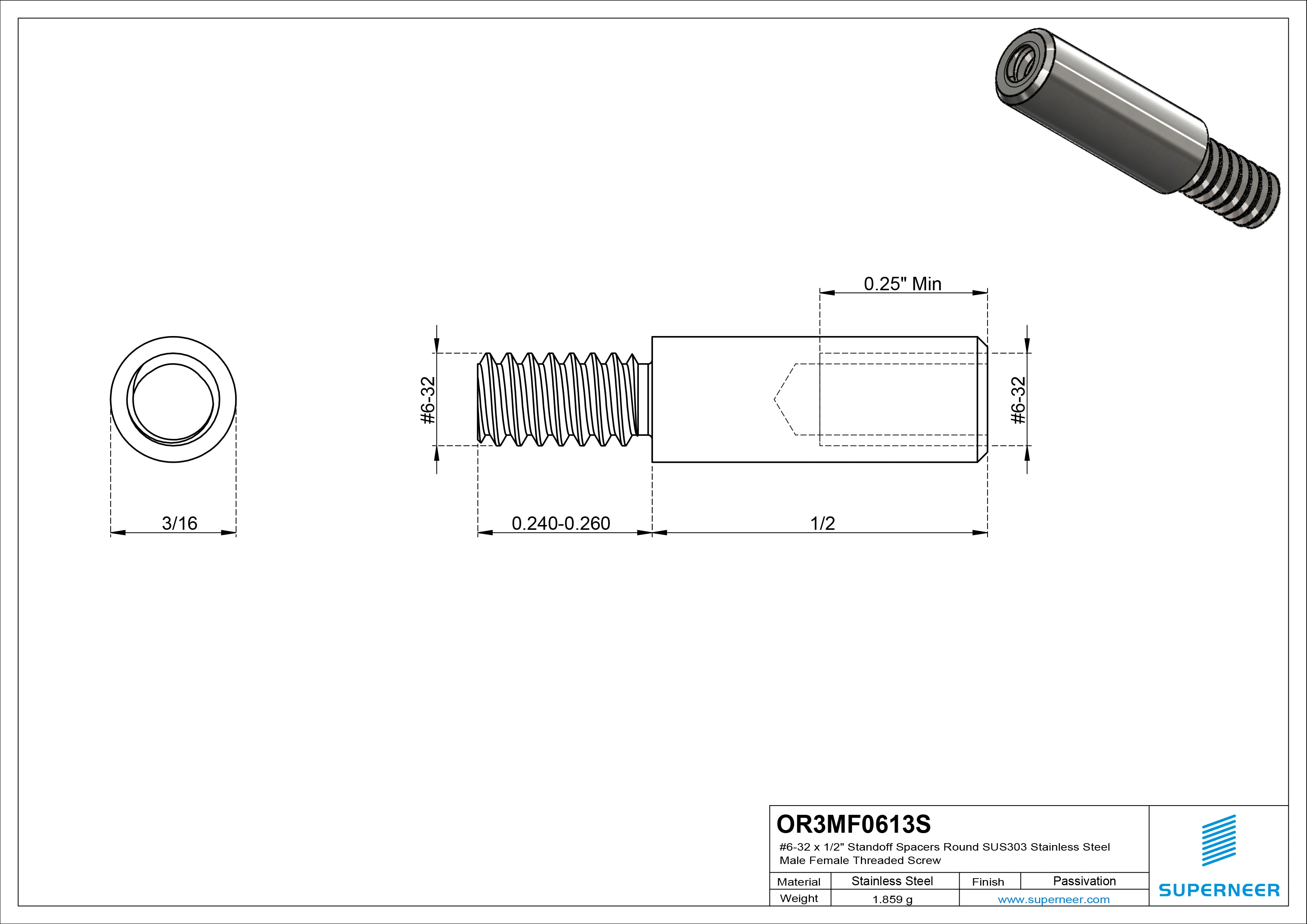 6-32 x 1/2" Standoff Spacers Round SUS303 Stainless Steel Inox Male Female Threaded Screw