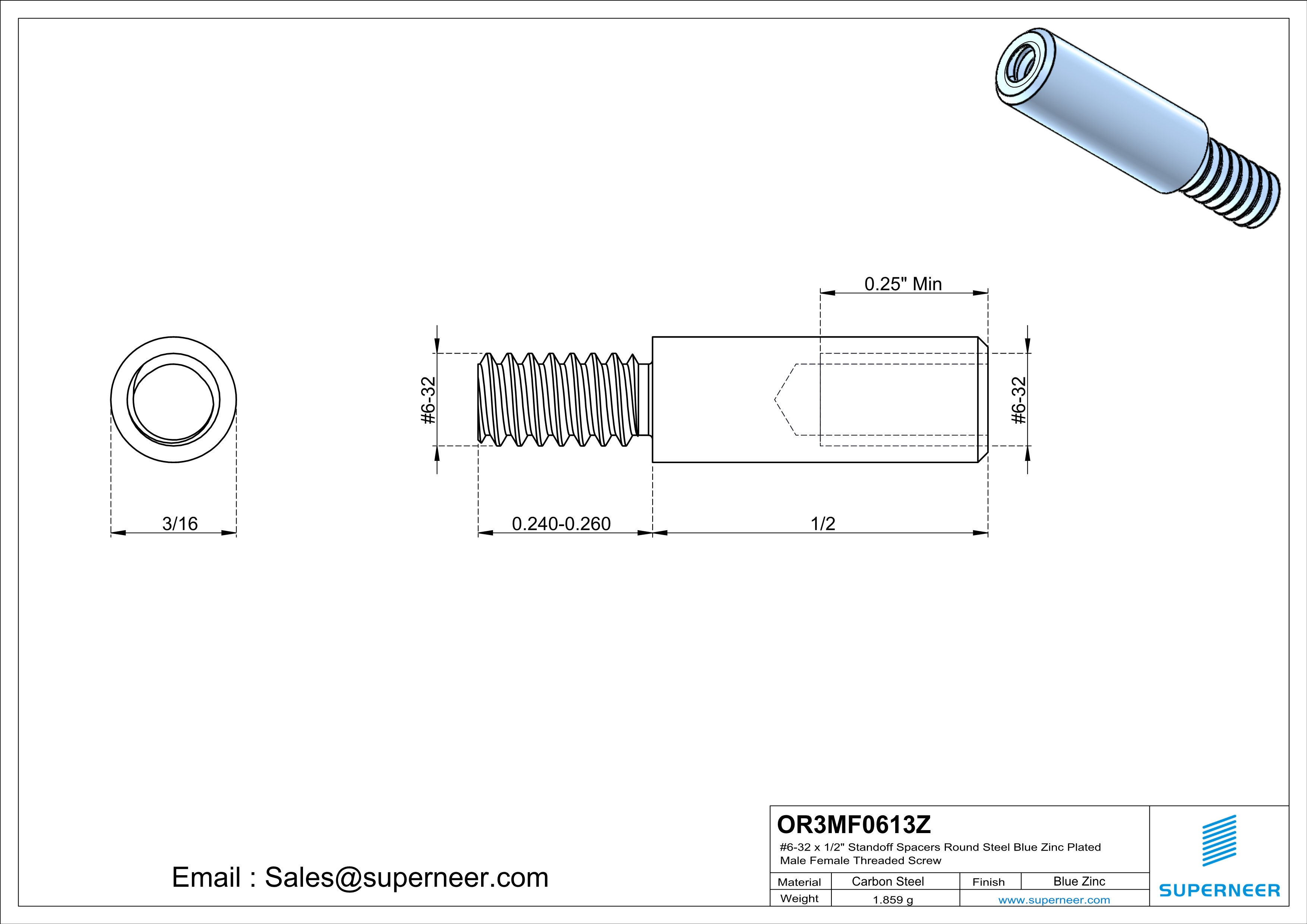 6-32 x 1/2" Standoff Spacers Round Steel Blue Zinc Plated Male Female Threaded Screw