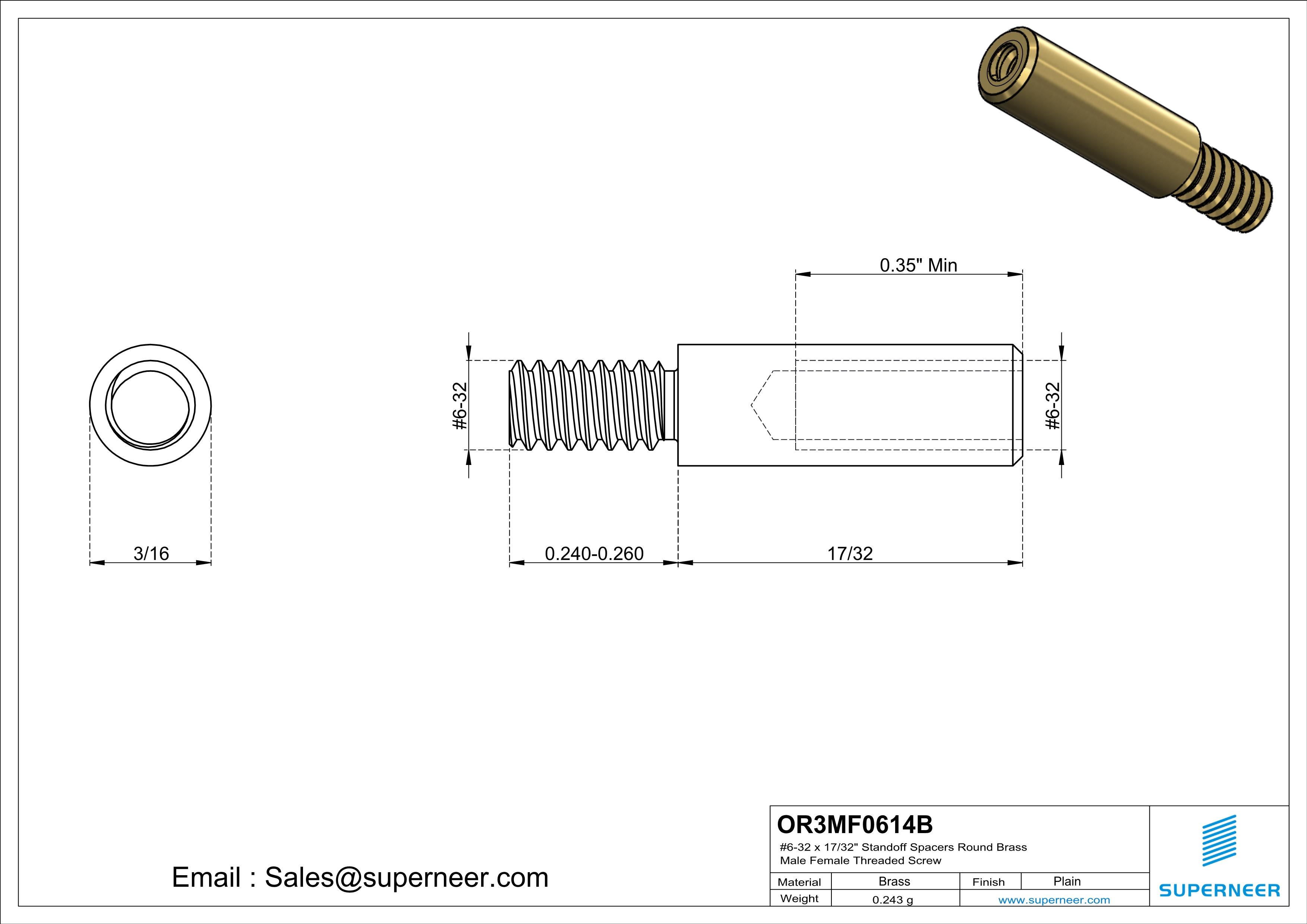 6-32 x 17/32" Standoff Spacers Round Brass Male Female Threaded Screw