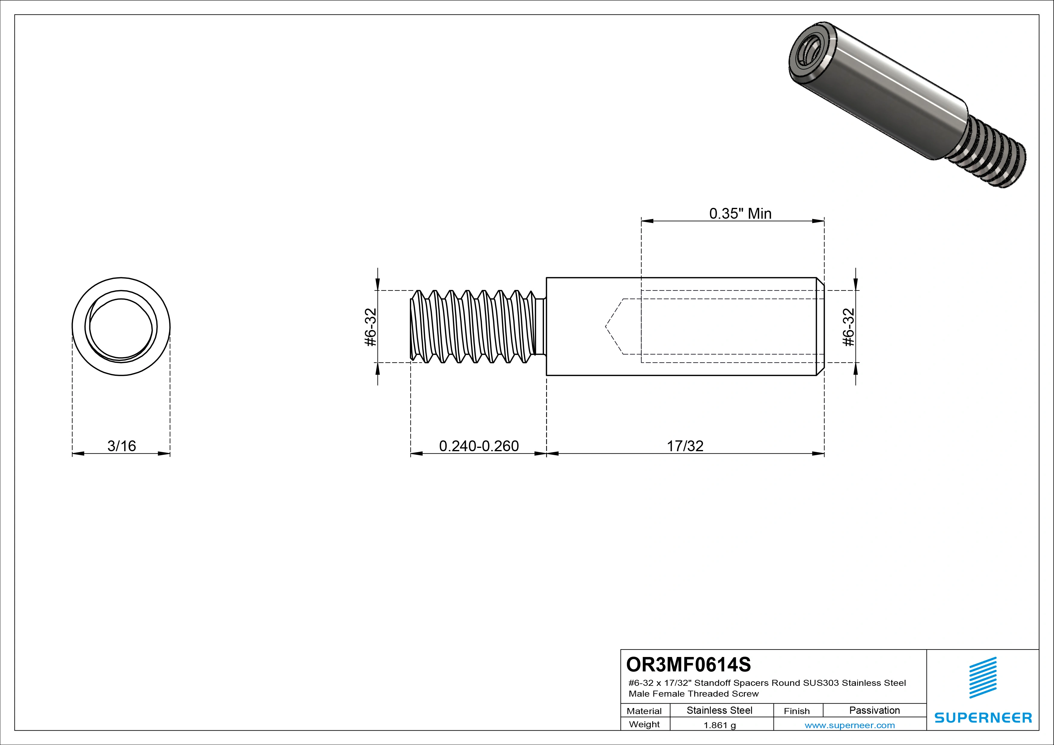 6-32 x 17/32" Standoff Spacers Round SUS303 Stainless Steel Inox Male Female Threaded Screw