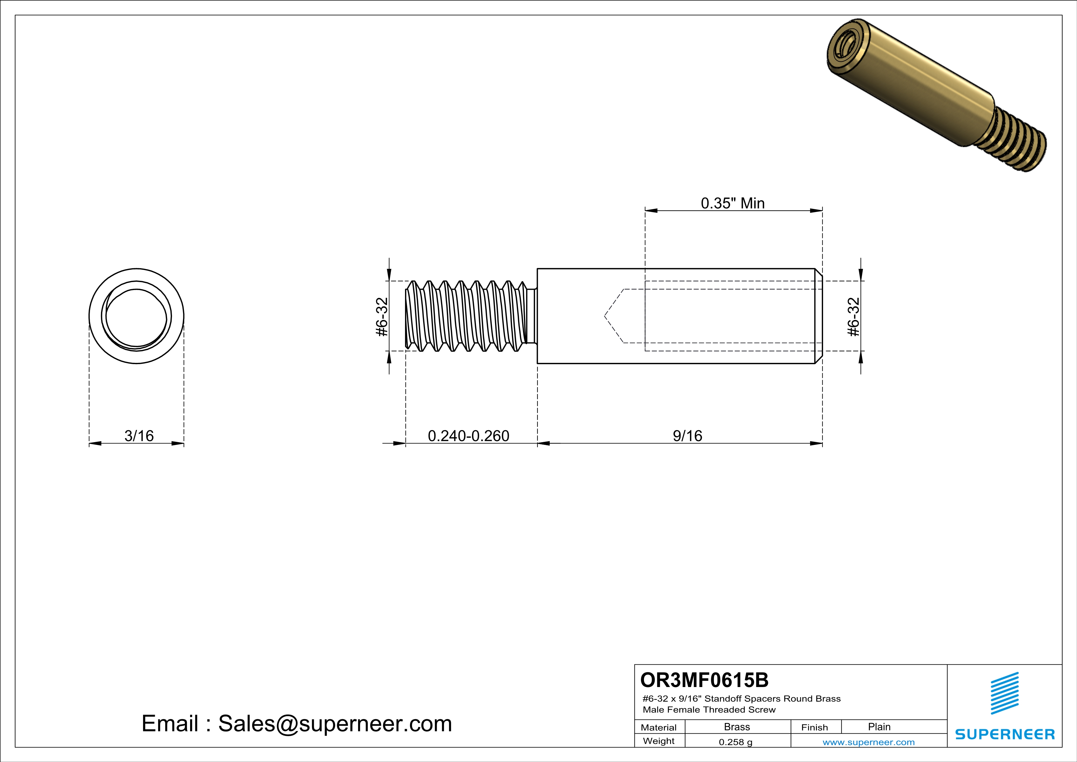 6-32 x 9/16" Standoff Spacers Round Brass Male Female Threaded Screw