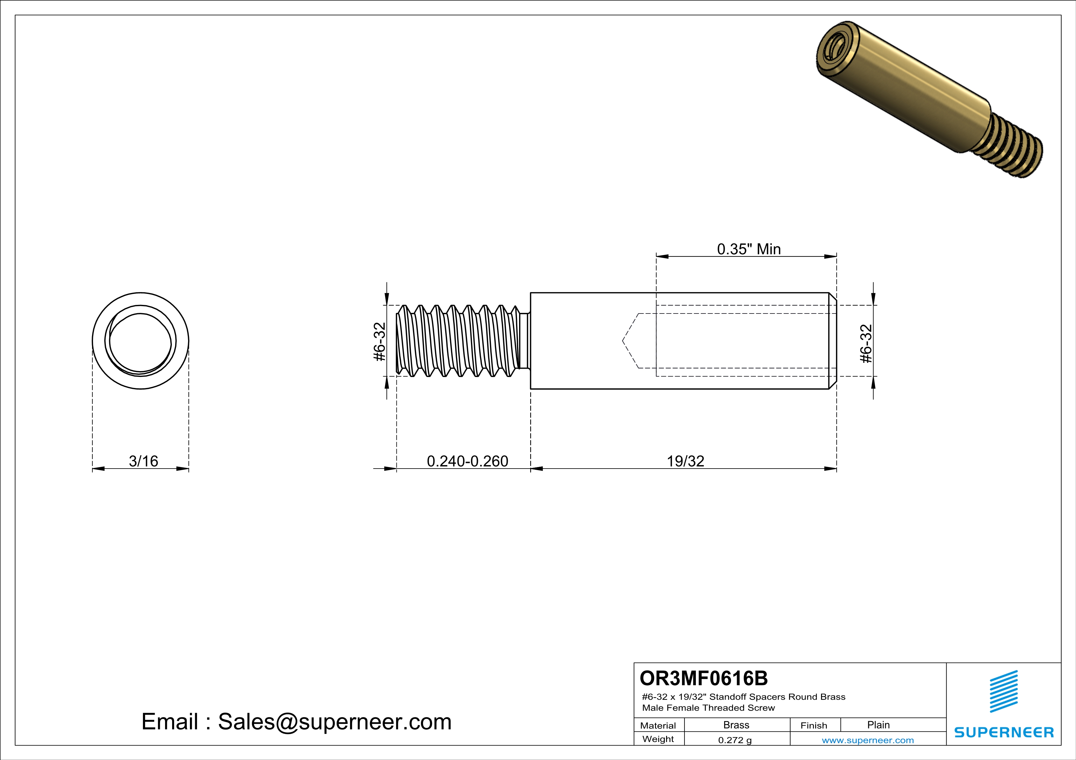 6-32 x 19/32" Standoff Spacers Round Brass Male Female Threaded Screw