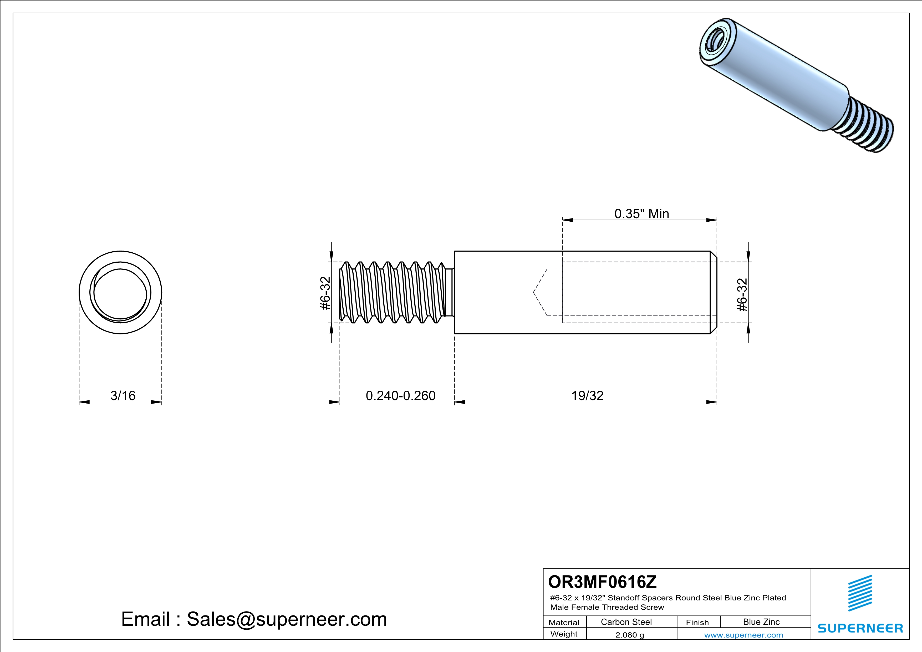 6-32 x 19/32" Standoff Spacers Round Steel Blue Zinc Plated Male Female Threaded Screw