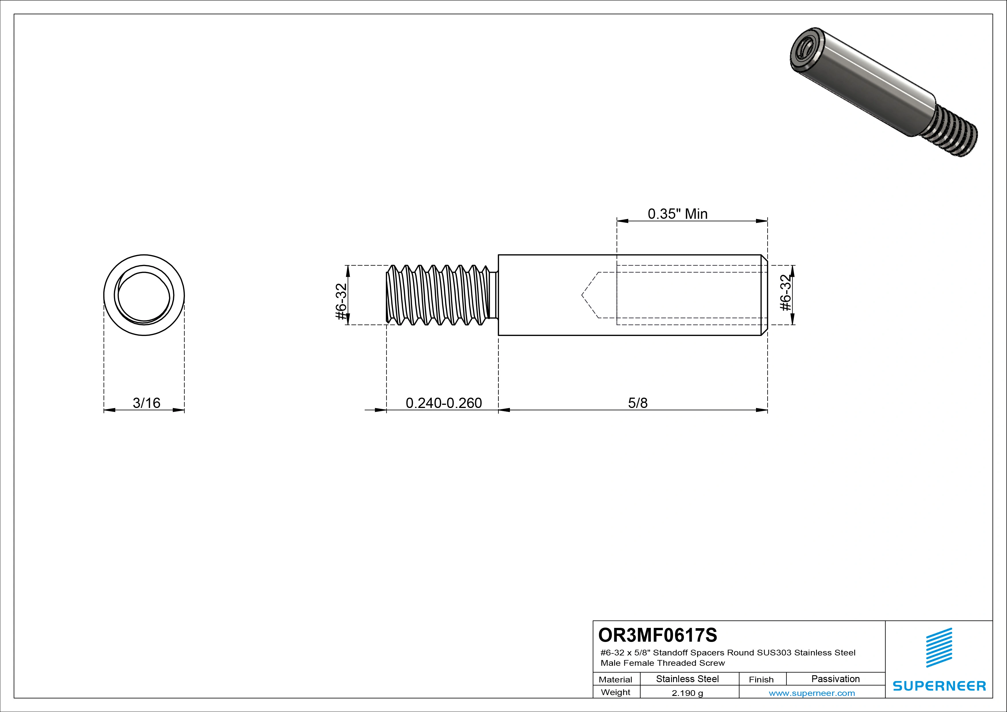 6-32 x 5/8" Standoff Spacers Round SUS303 Stainless Steel Inox Male Female Threaded Screw