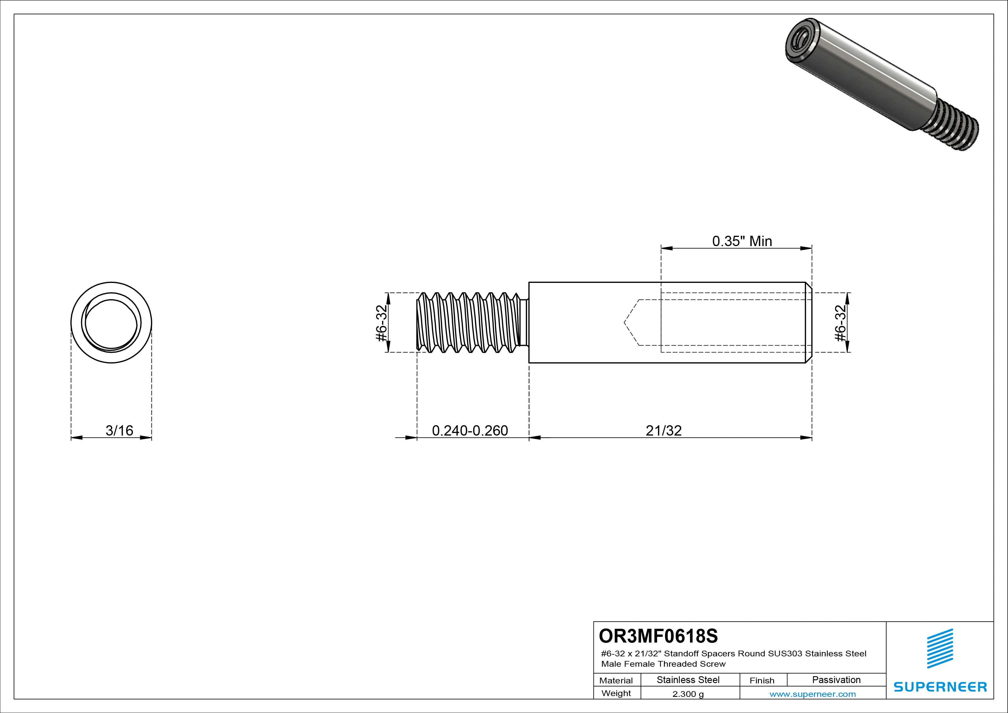 6-32 x 21/32" Standoff Spacers Round SUS303 Stainless Steel Inox Male Female Threaded Screw