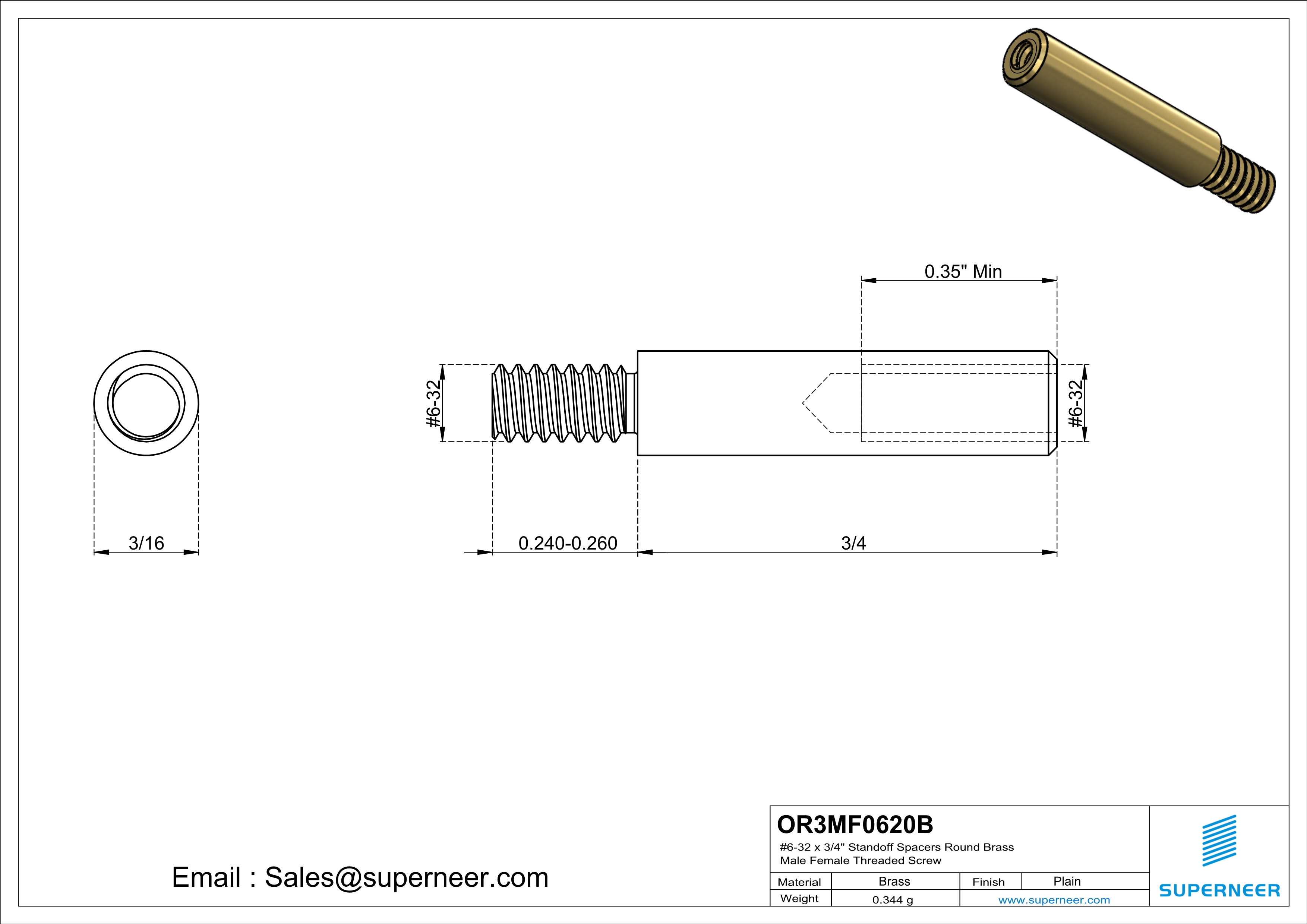 6-32 x 3/4" Standoff Spacers Round Brass Male Female Threaded Screw