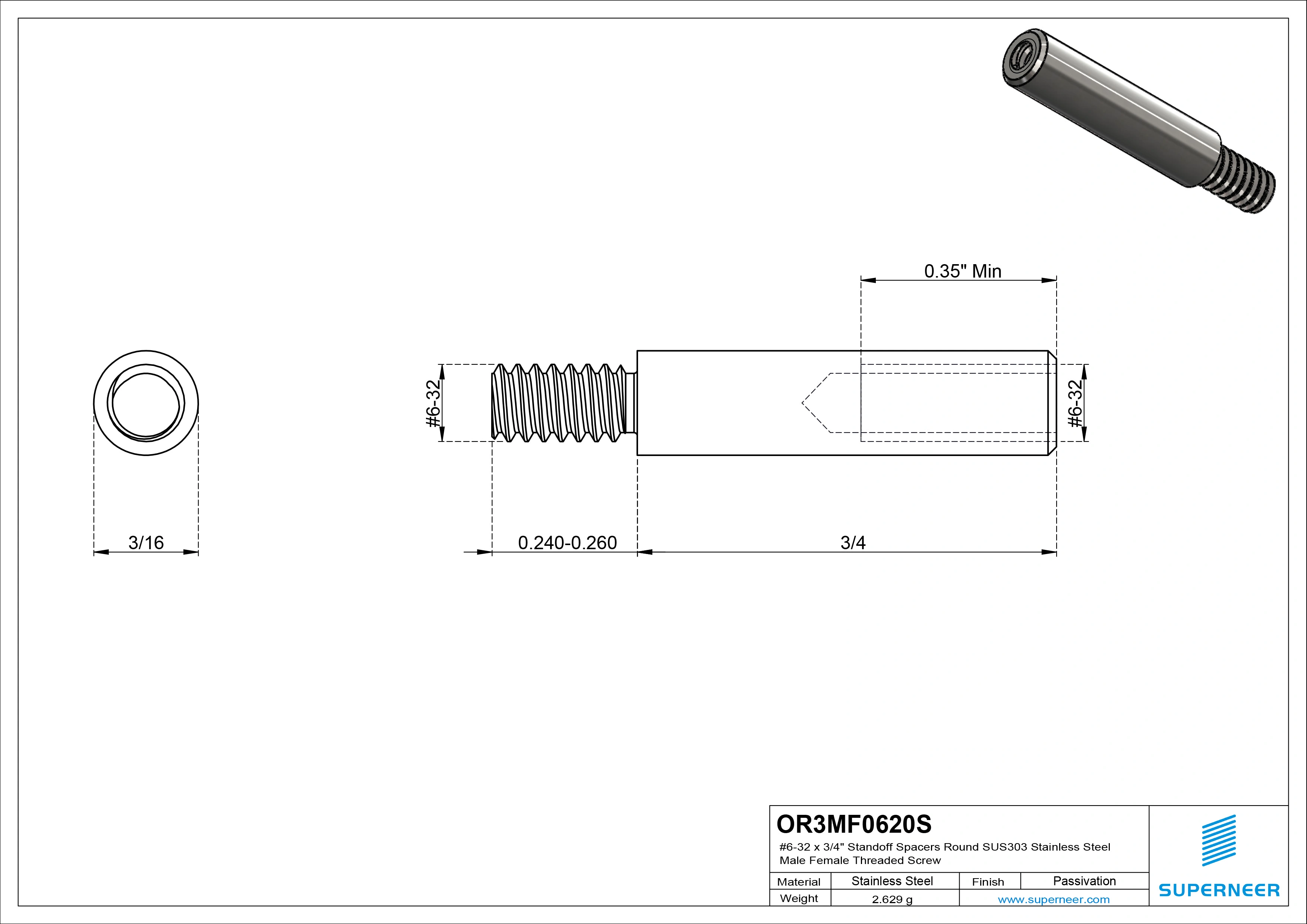 6-32 x 3/4" Standoff Spacers Round SUS303 Stainless Steel Inox Male Female Threaded Screw