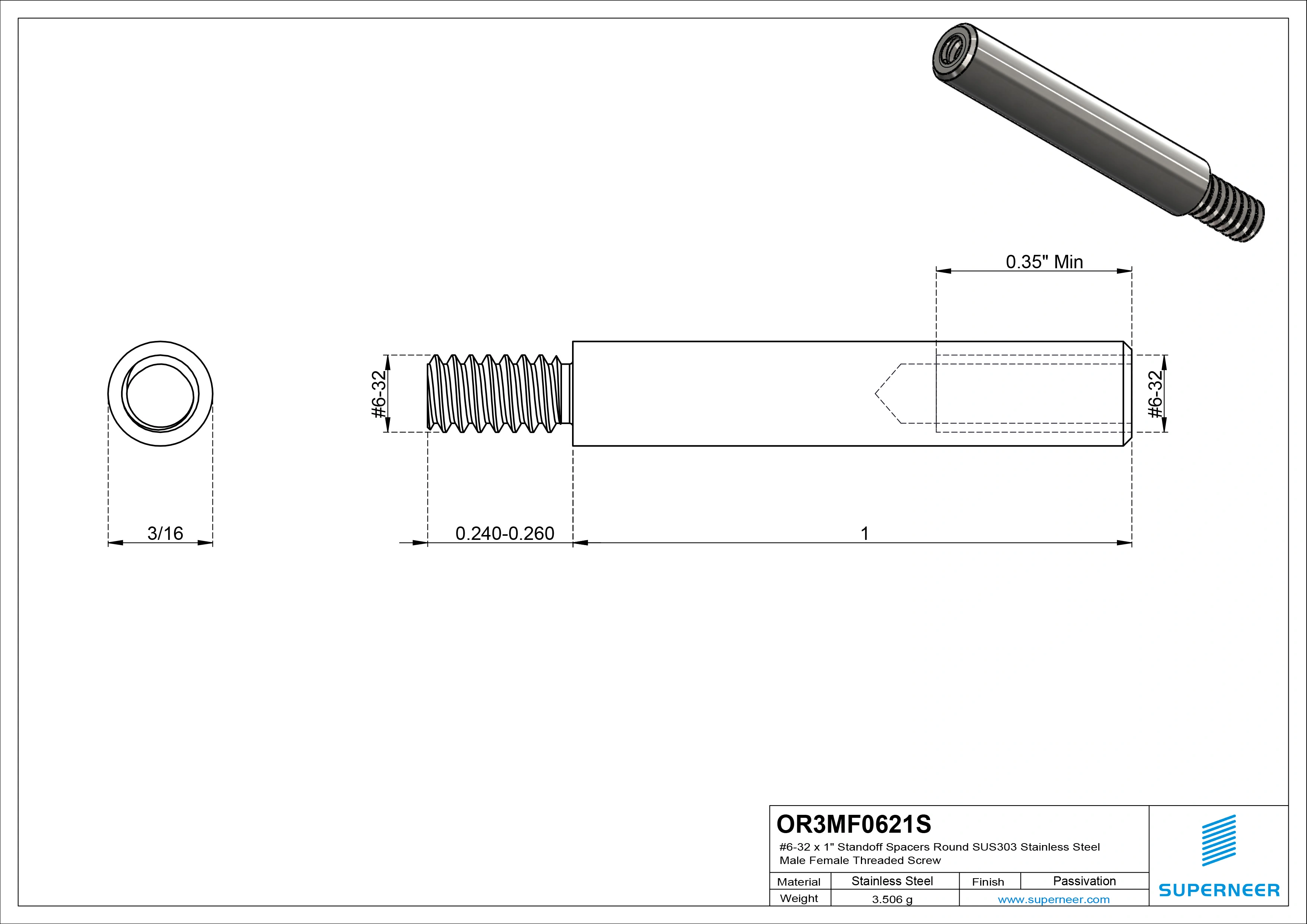 6-32 x 1" Standoff Spacers Round SUS303 Stainless Steel Inox Male Female Threaded Screw