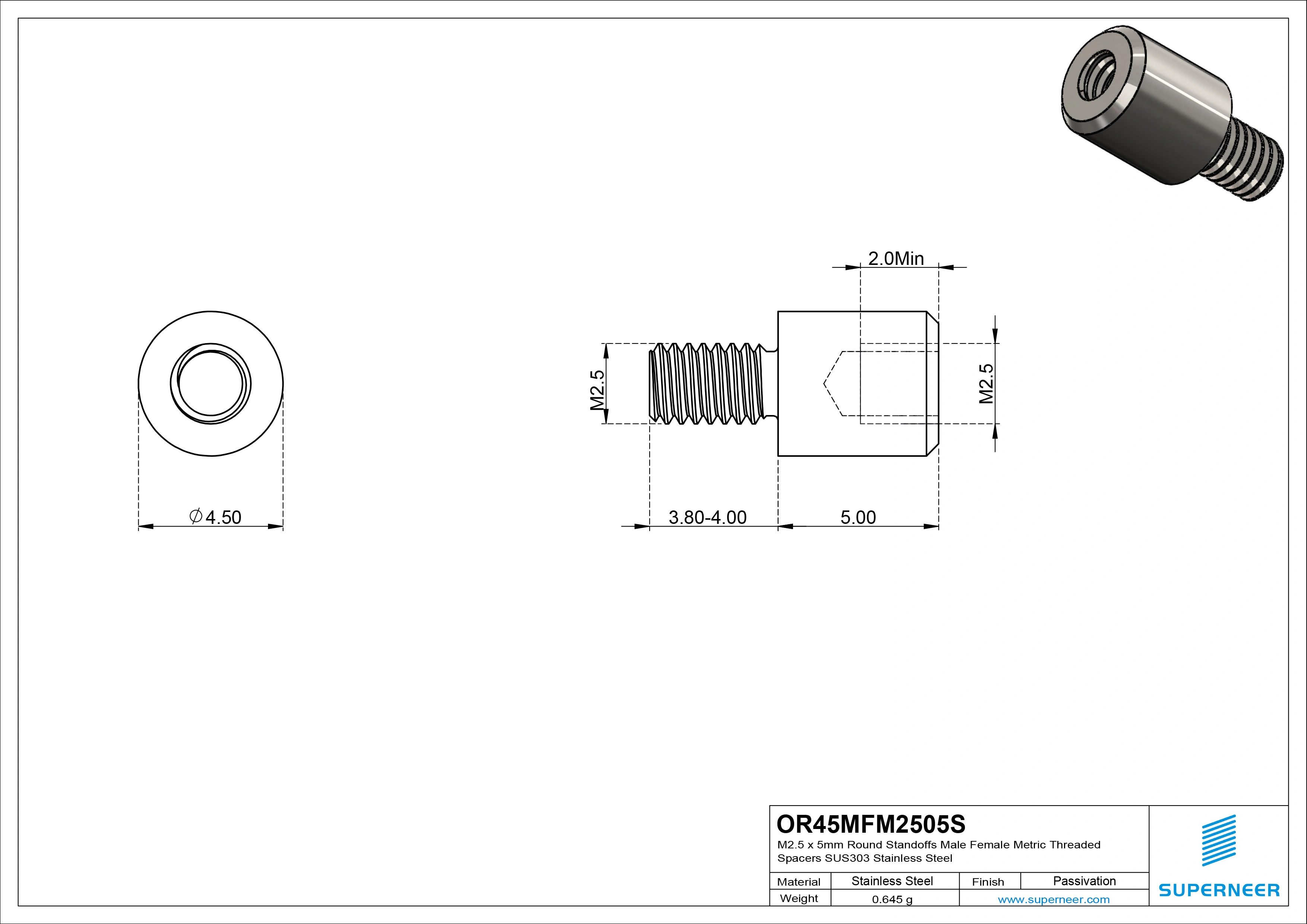 M2.5 x 5mm Round Standoffs Male Female Metric Threaded Spacers