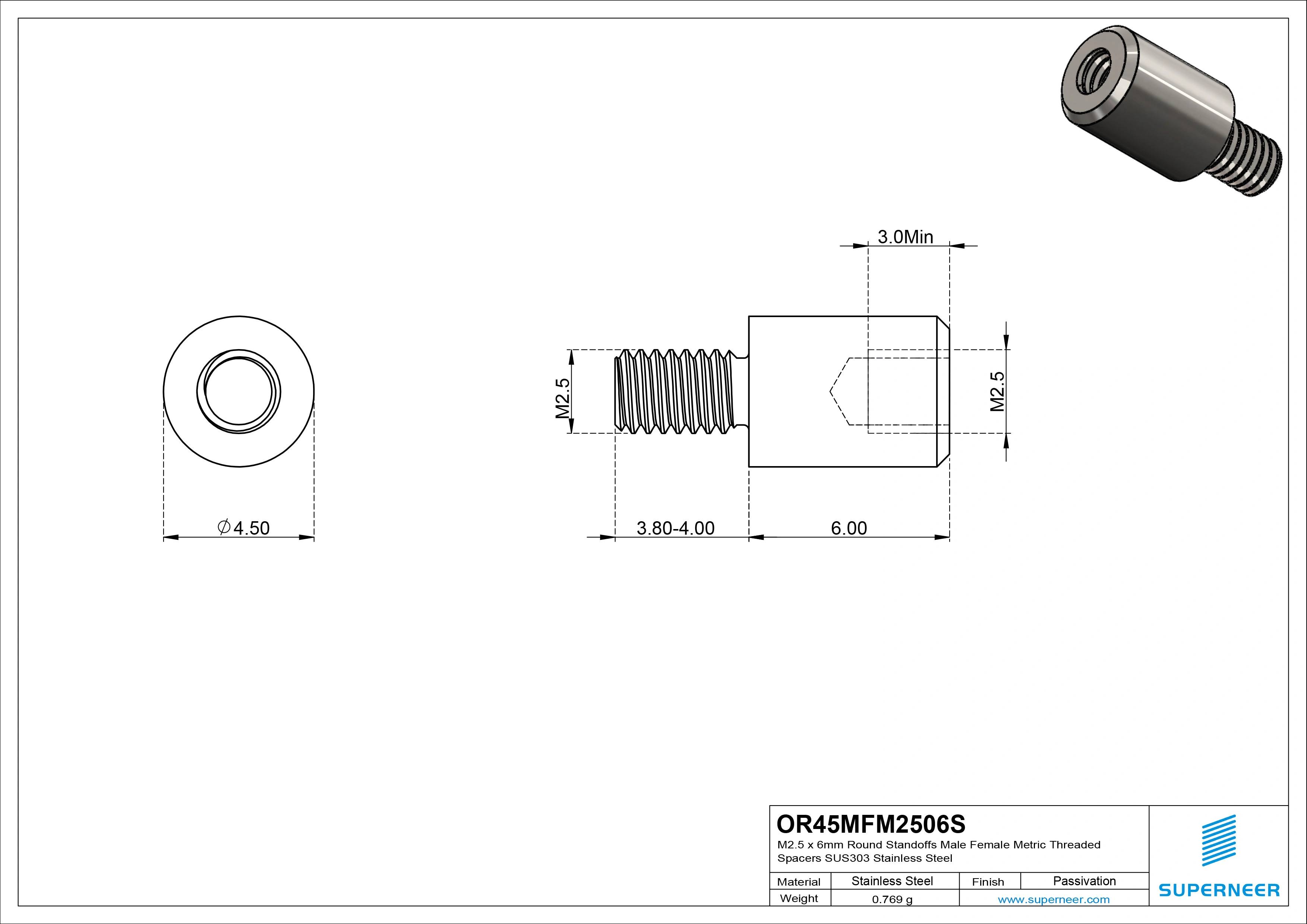 M2.5 x 6mm Round Standoffs Male Female Metric Threaded Spacers