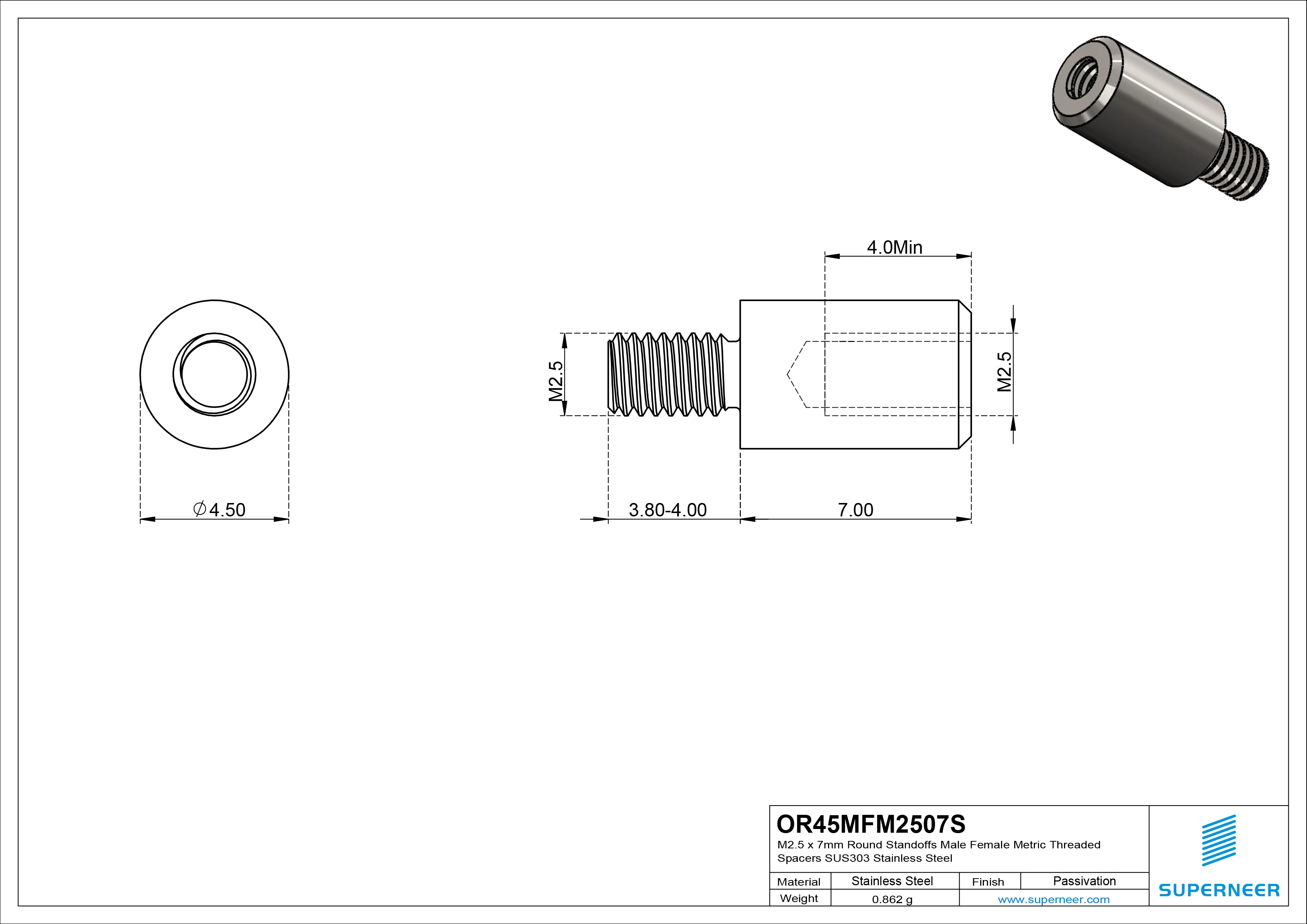 M2.5 x 7mm Round Standoffs Male Female Metric Threaded Spacers