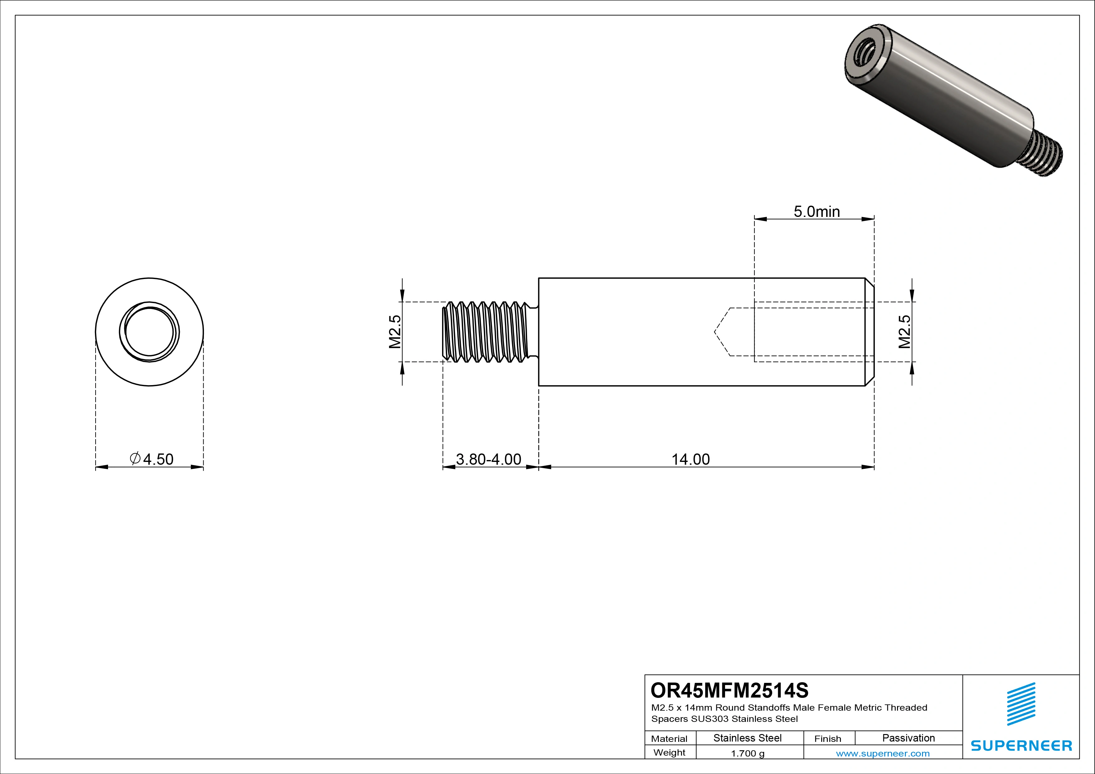 M2.5 x 14mm Round Standoffs Male Female Metric Threaded Spacers