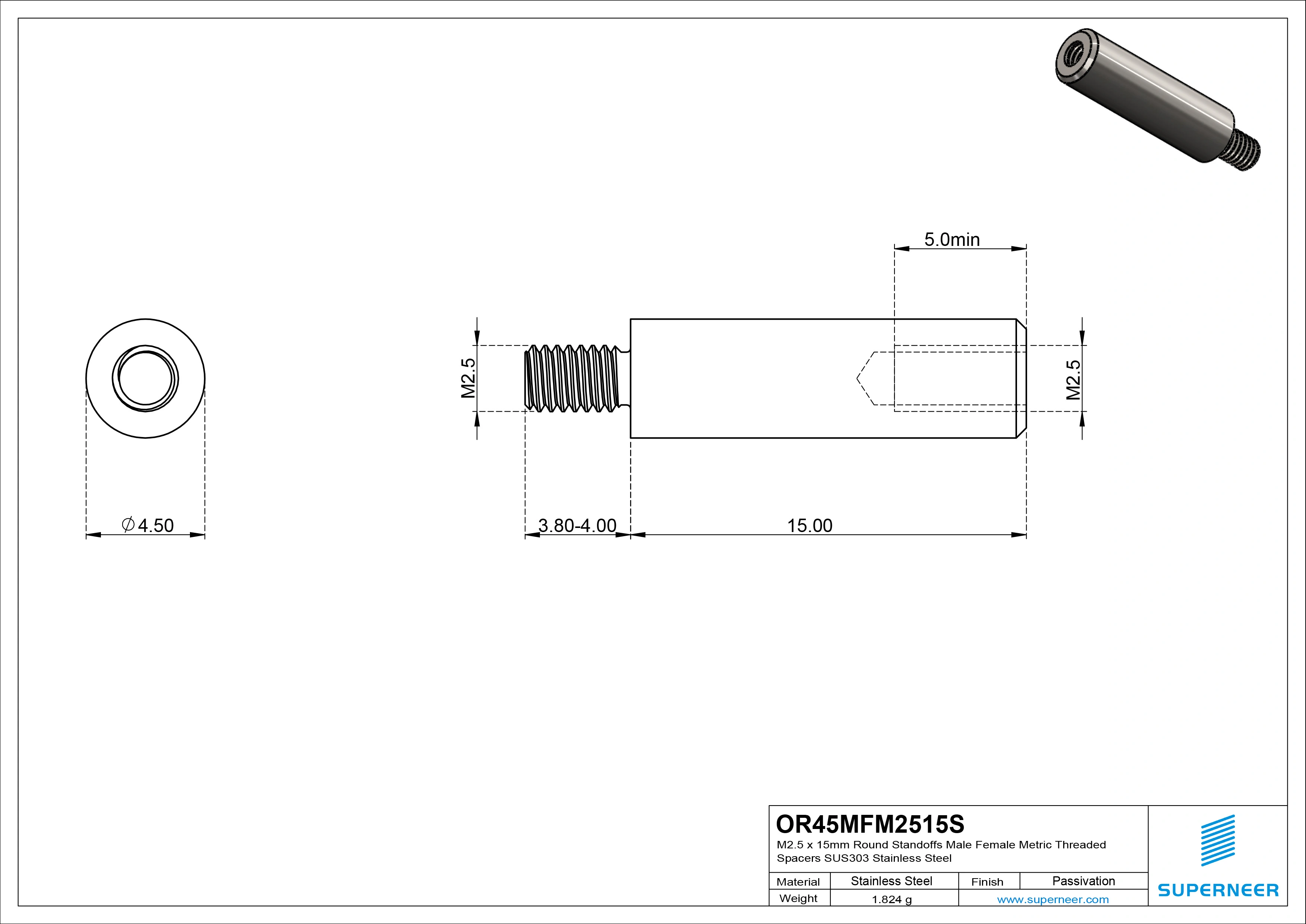 M2.5 x 15mm Round Standoffs Male Female Metric Threaded Spacers