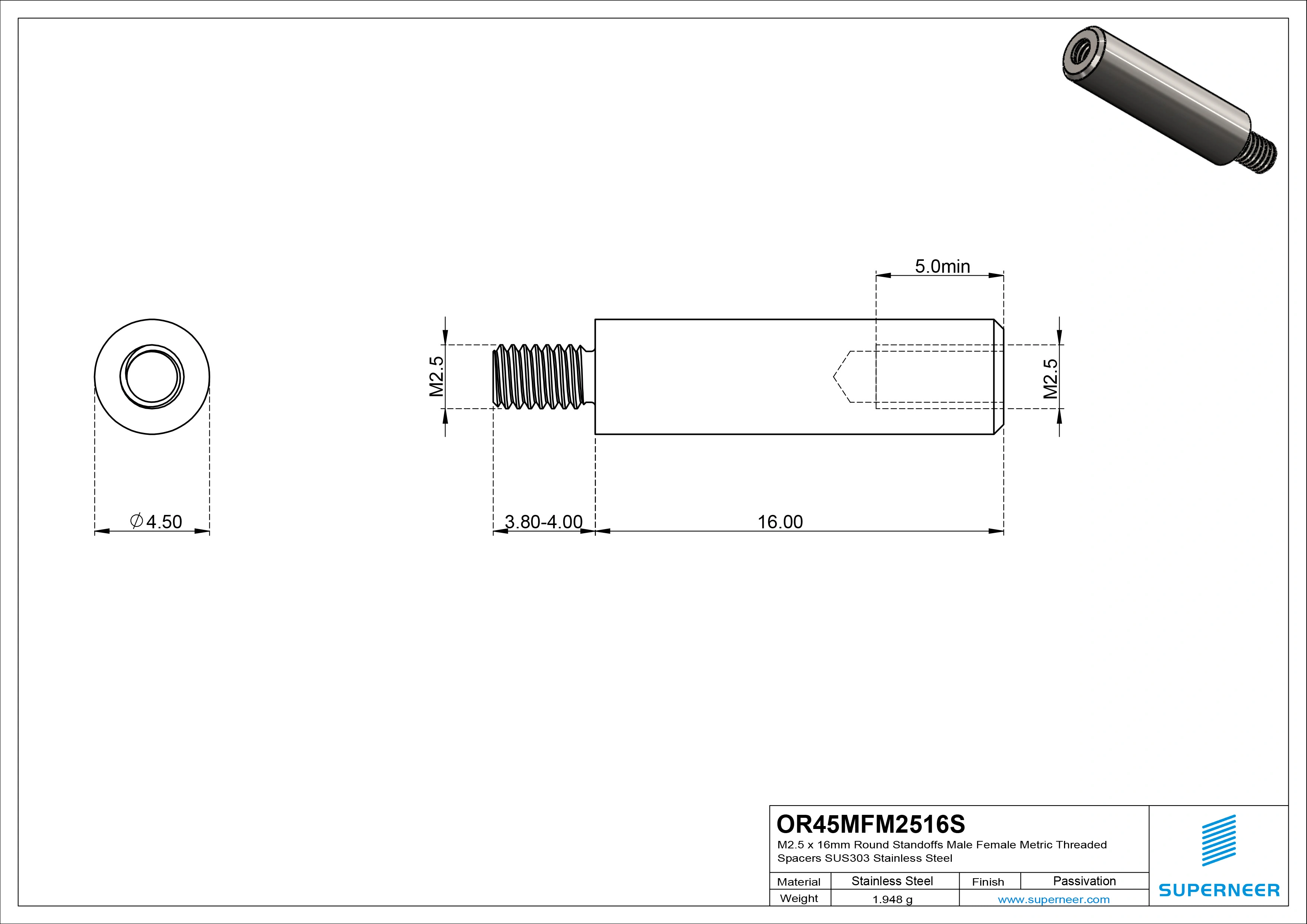 M2.5 x 16mm Round Standoffs Male Female Metric Threaded Spacers