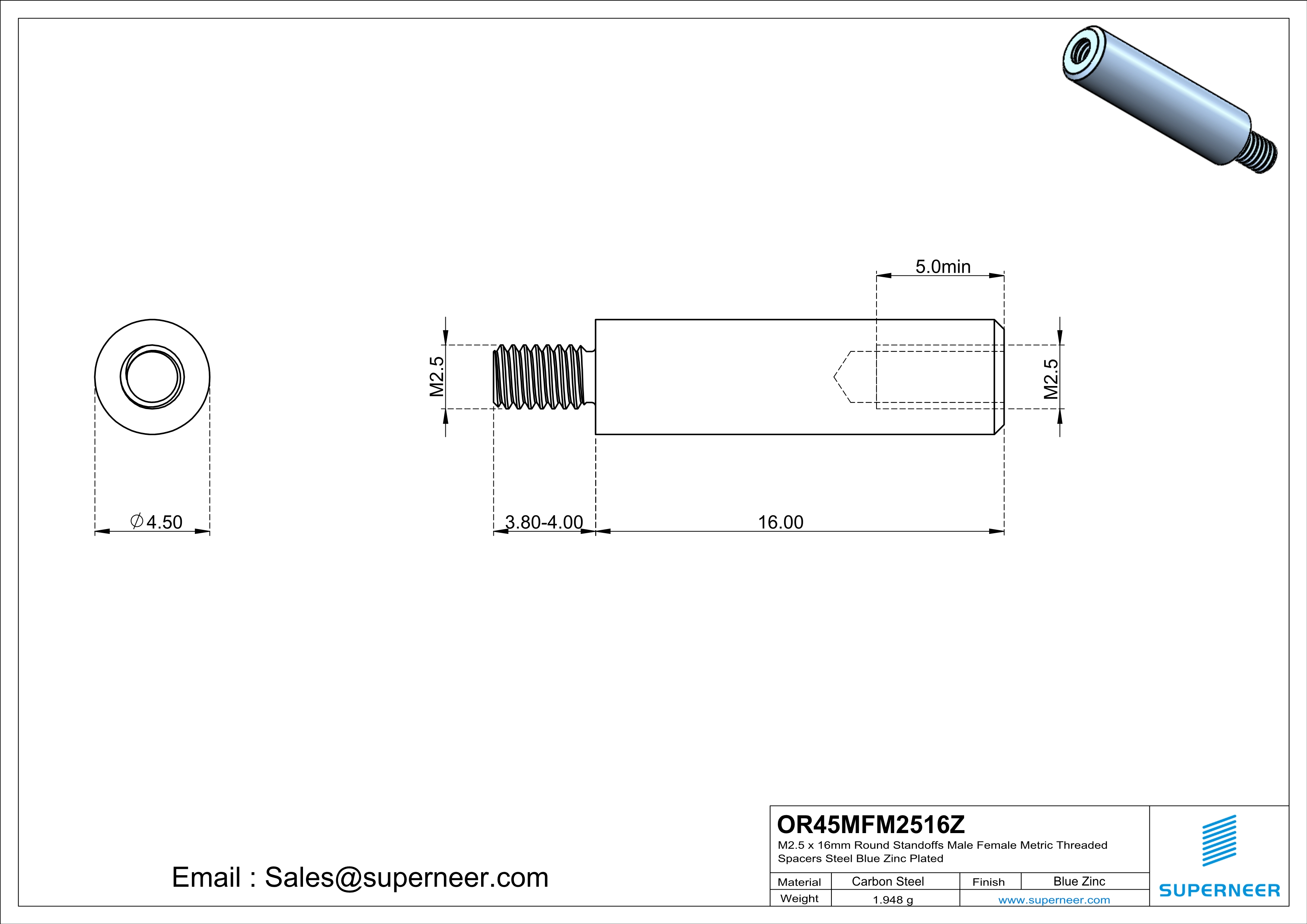 M2.5 x 16mm Round Standoffs Male Female Metric Threaded Spacers