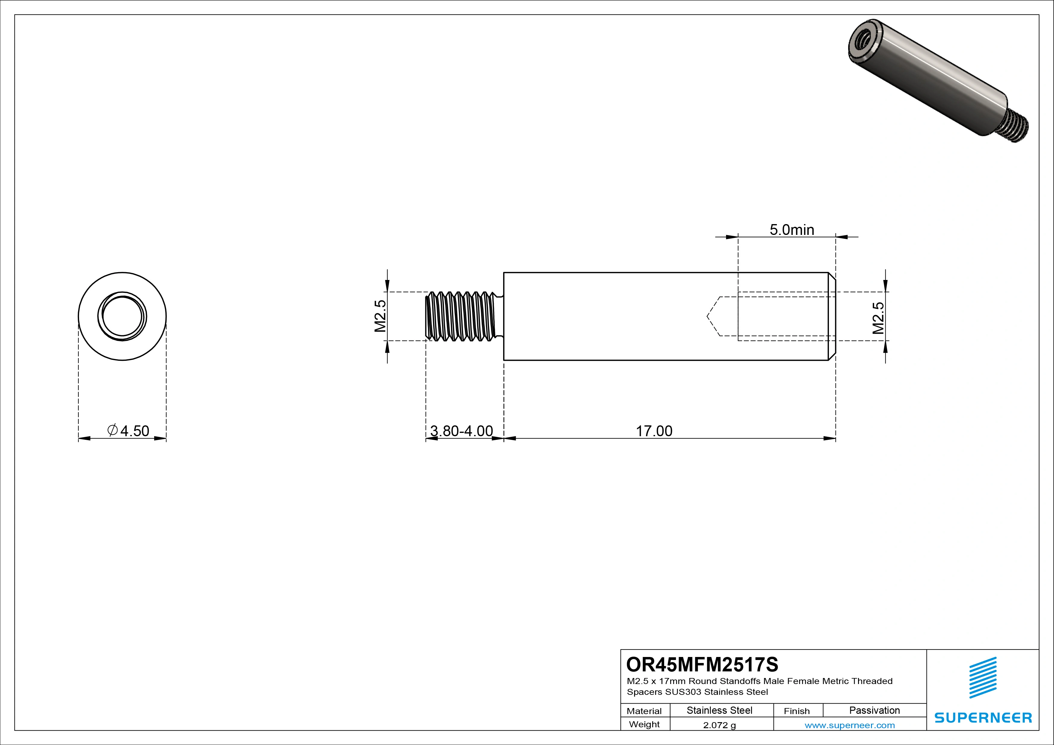 M2.5 x 17mm Round Standoffs Male Female Metric Threaded Spacers