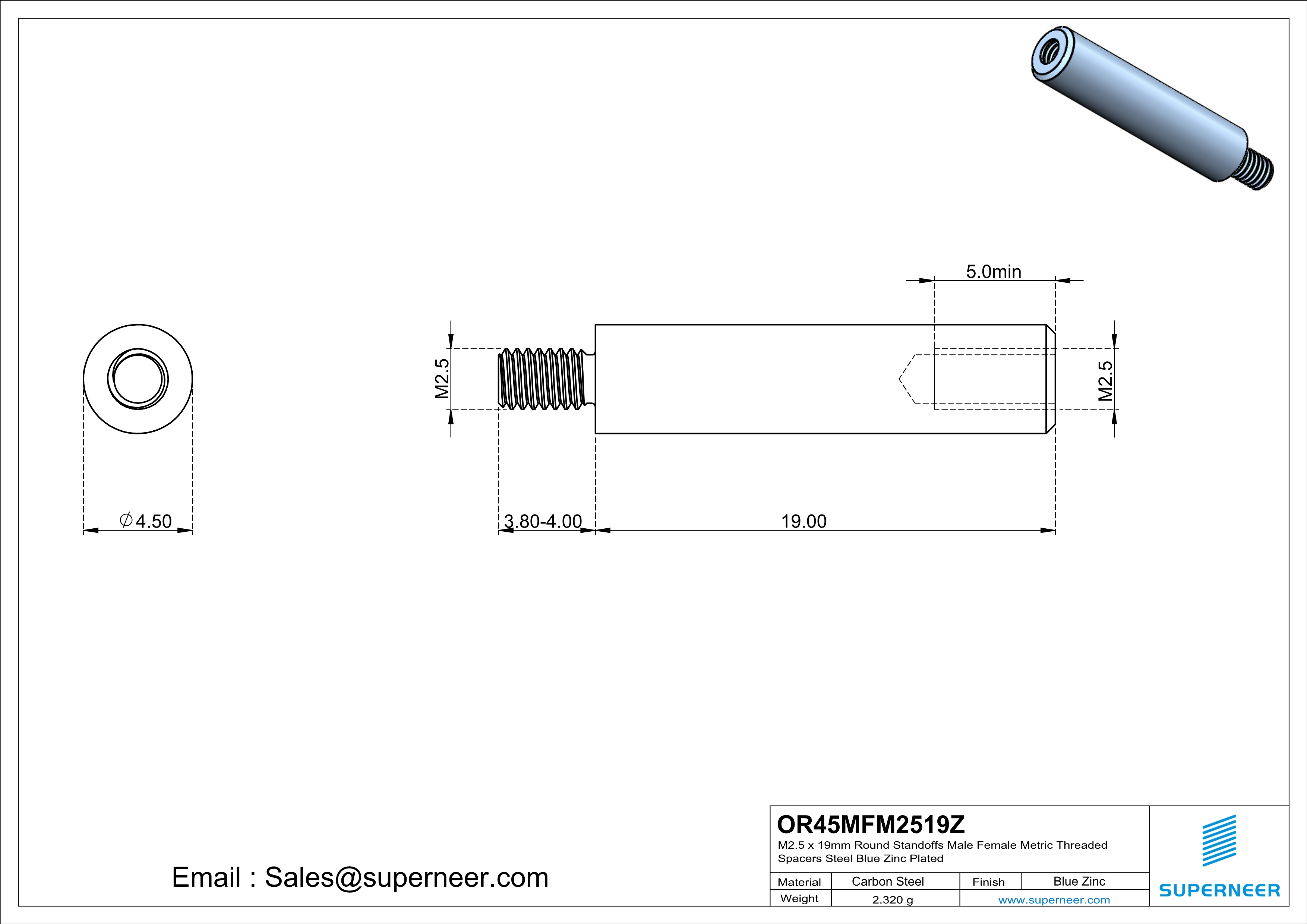 M2.5 x 19mm Round Standoffs Male Female Metric Threaded Spacers