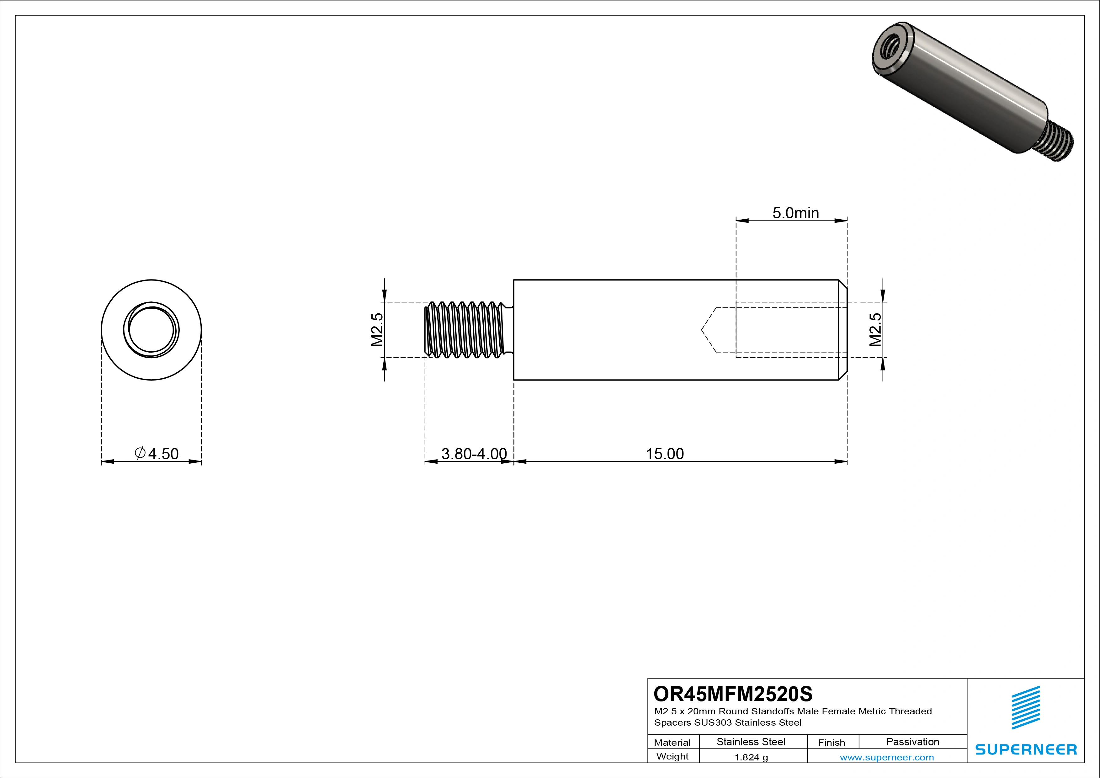 M2.5 x 20mm Round Standoffs Male Female Metric Threaded Spacers