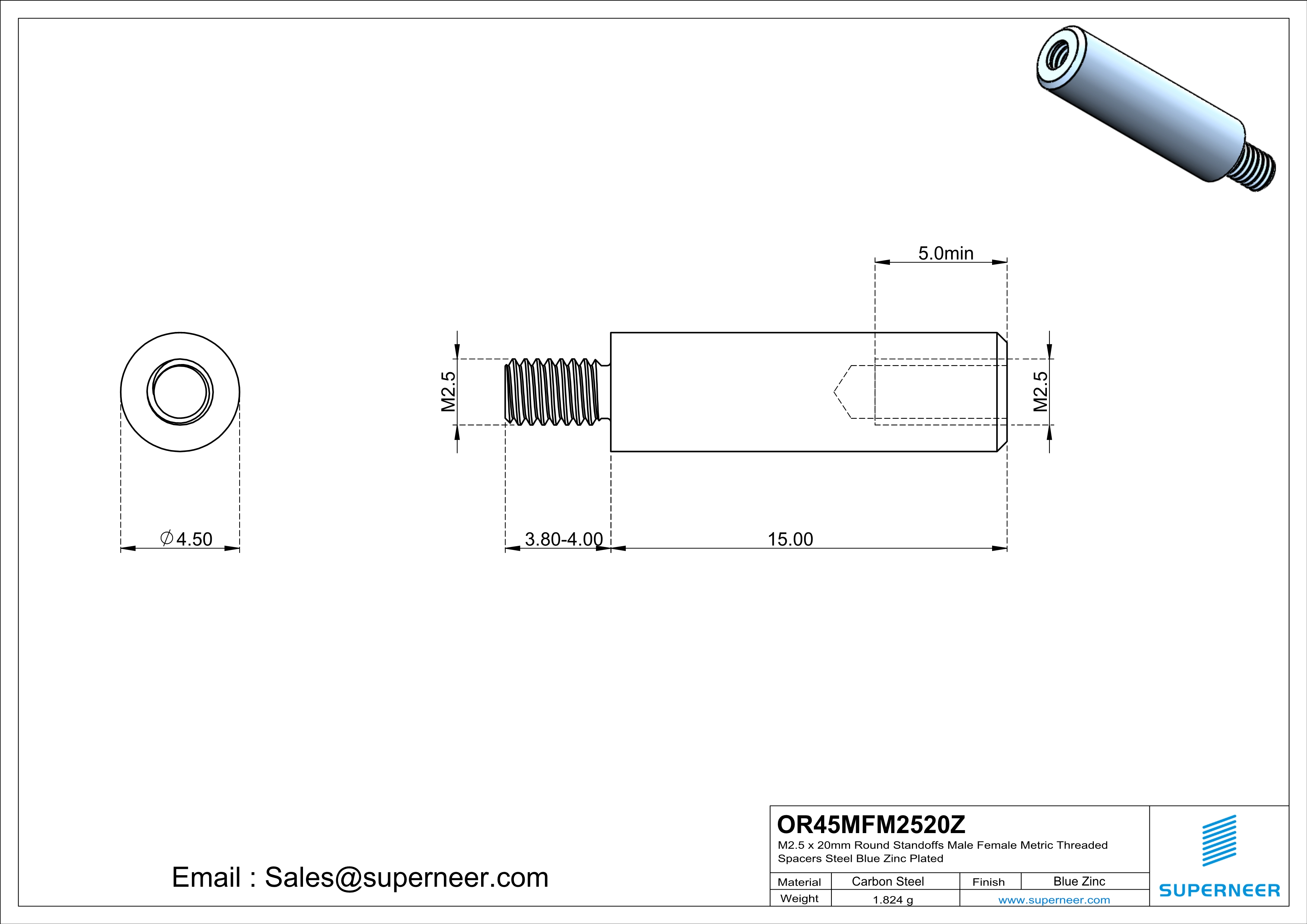 M2.5 x 20mm Round Standoffs Male Female Metric Threaded Spacers