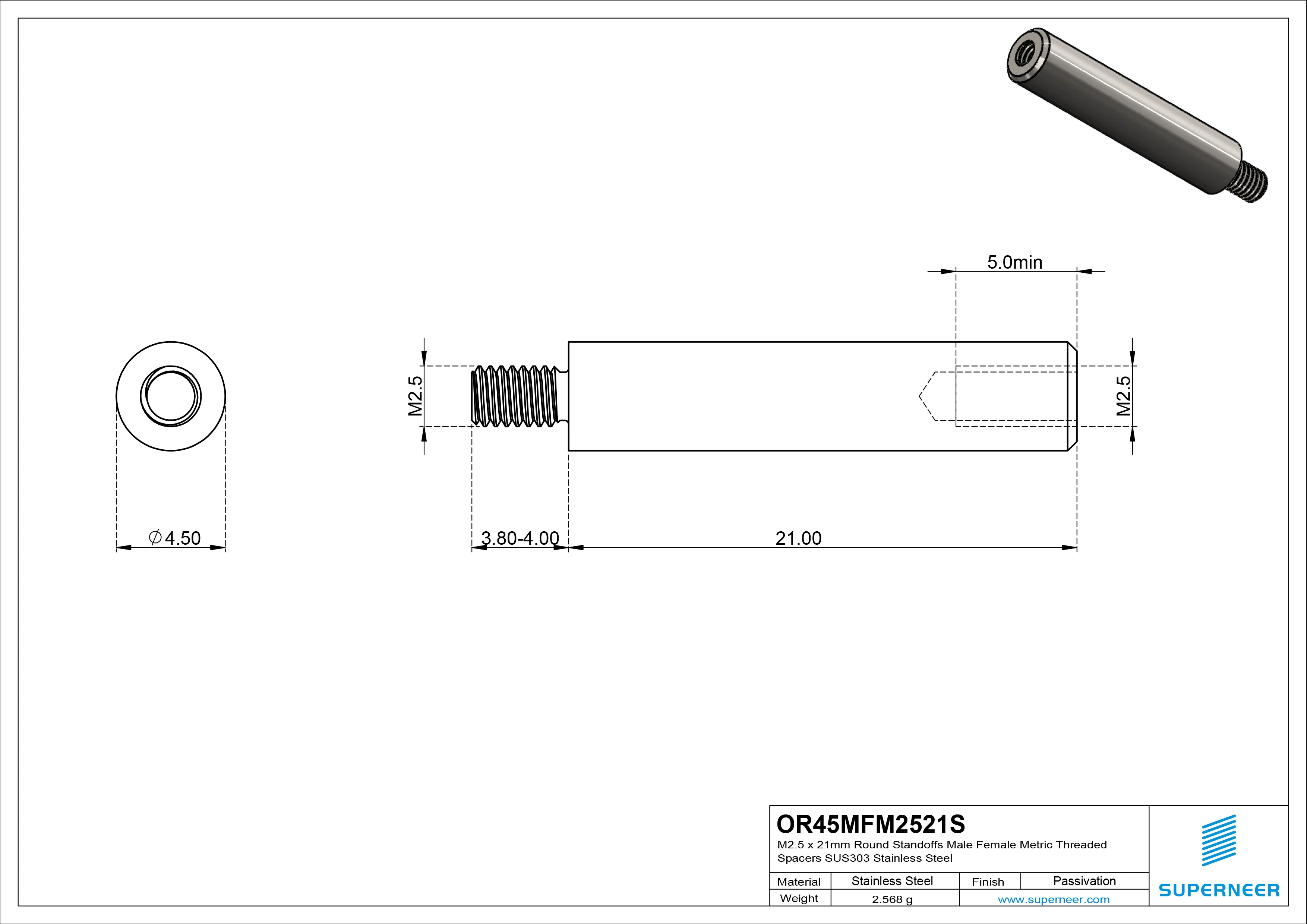 M2.5 x 21mm Round Standoffs Male Female Metric Threaded Spacers