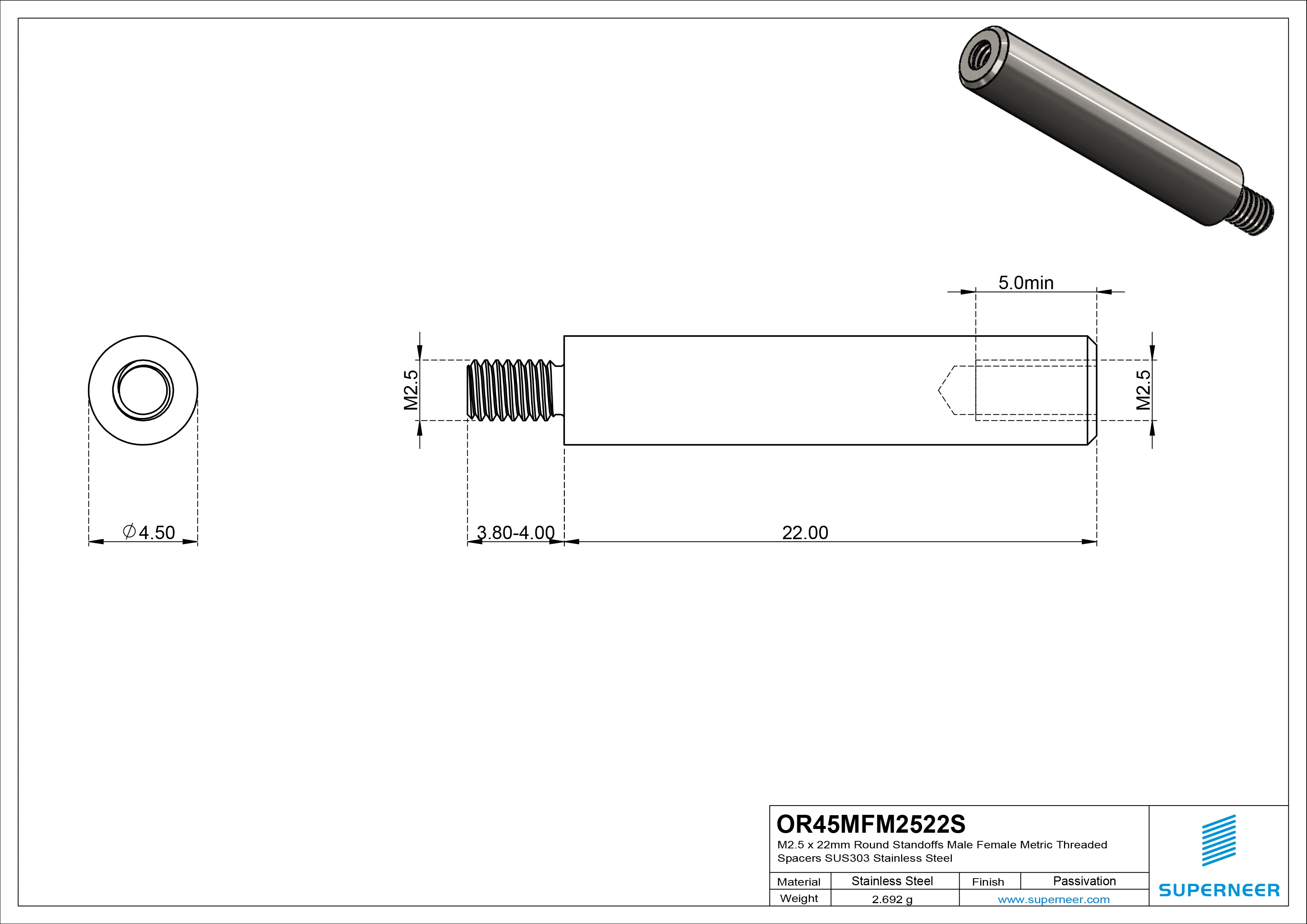 M2.5 x 22mm Round Standoffs Male Female Metric Threaded Spacers