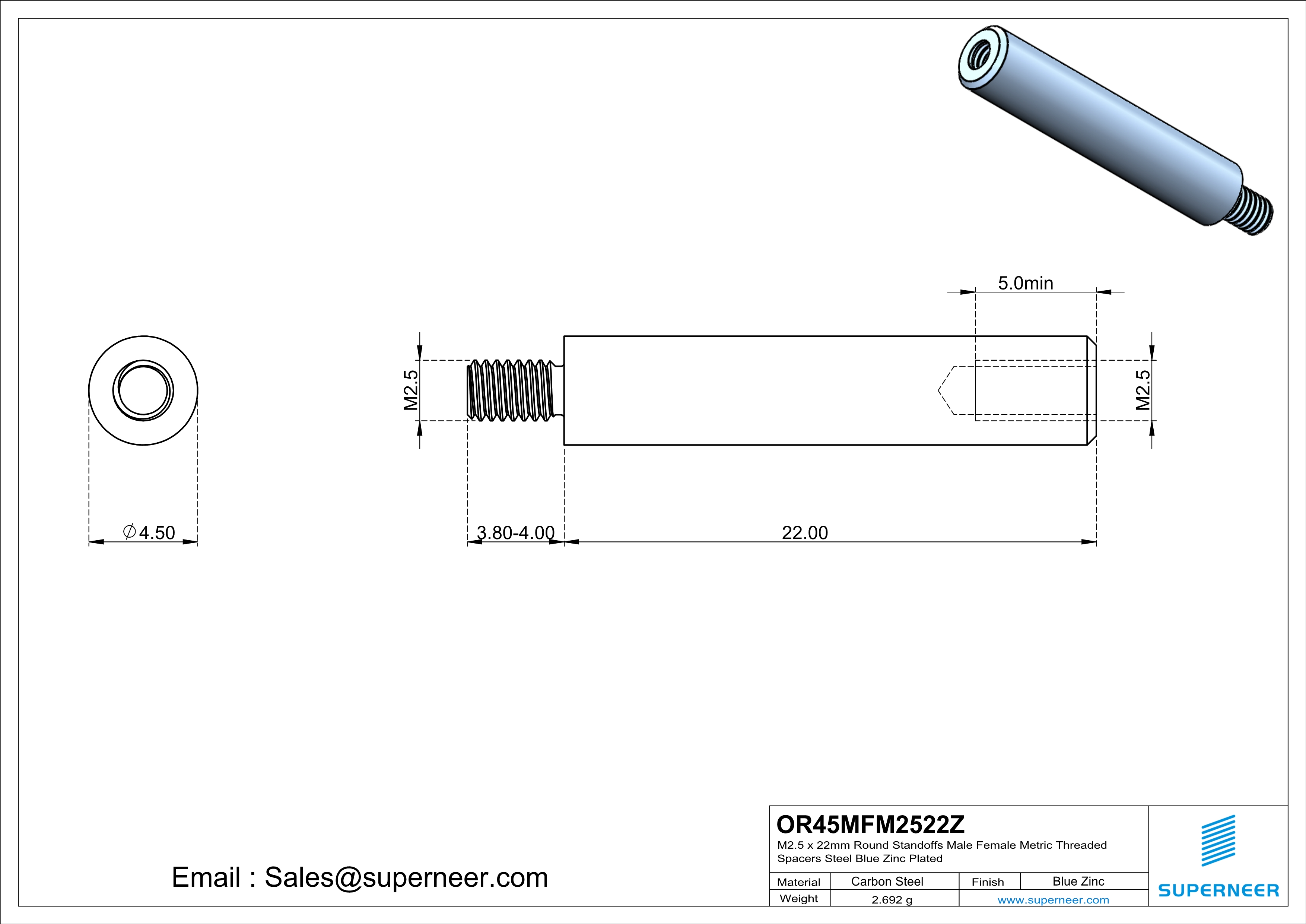 M2.5 x 22mm Round Standoffs Male Female Metric Threaded Spacers