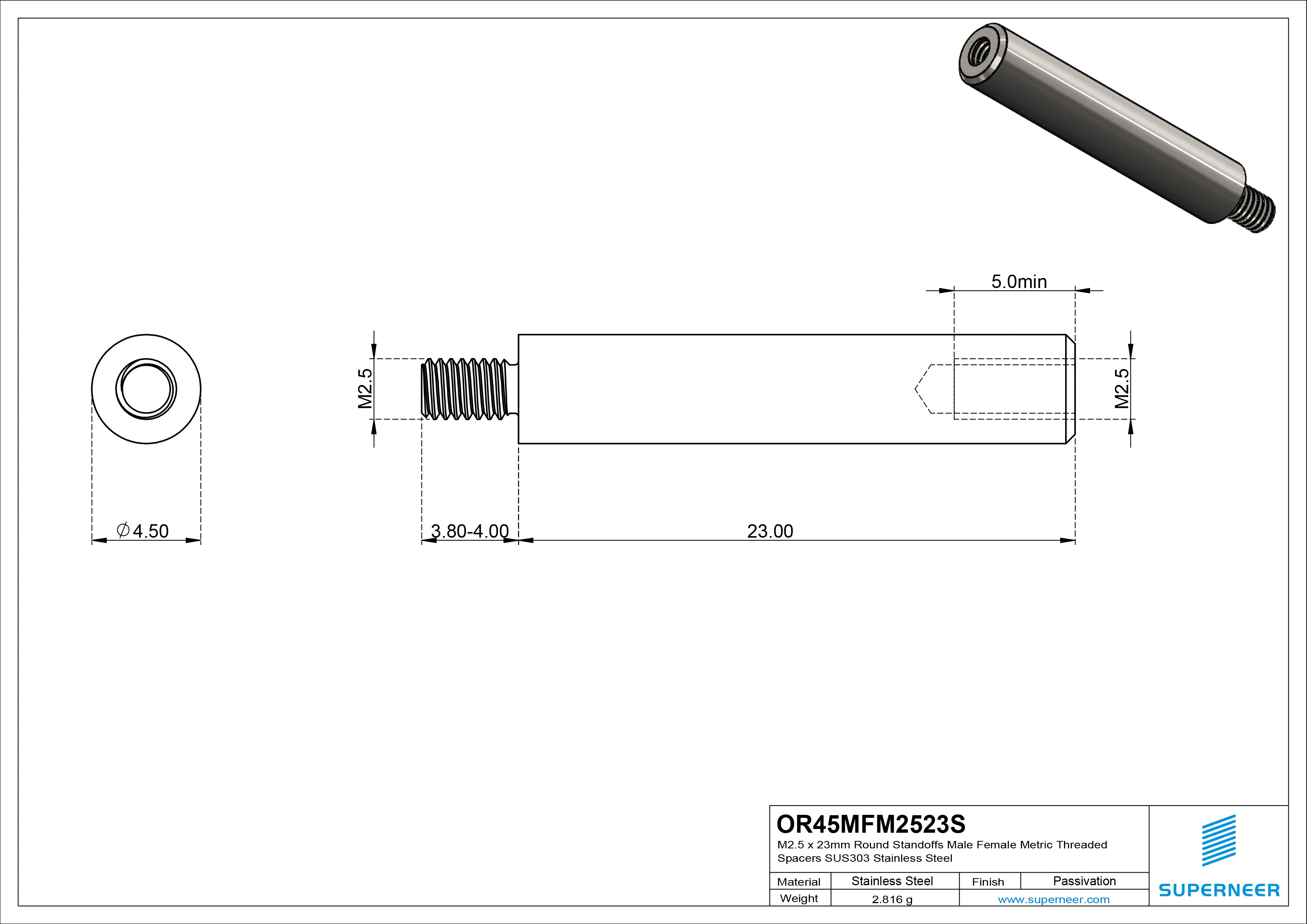 M2.5 x 23mm Round Standoffs Male Female Metric Threaded Spacers