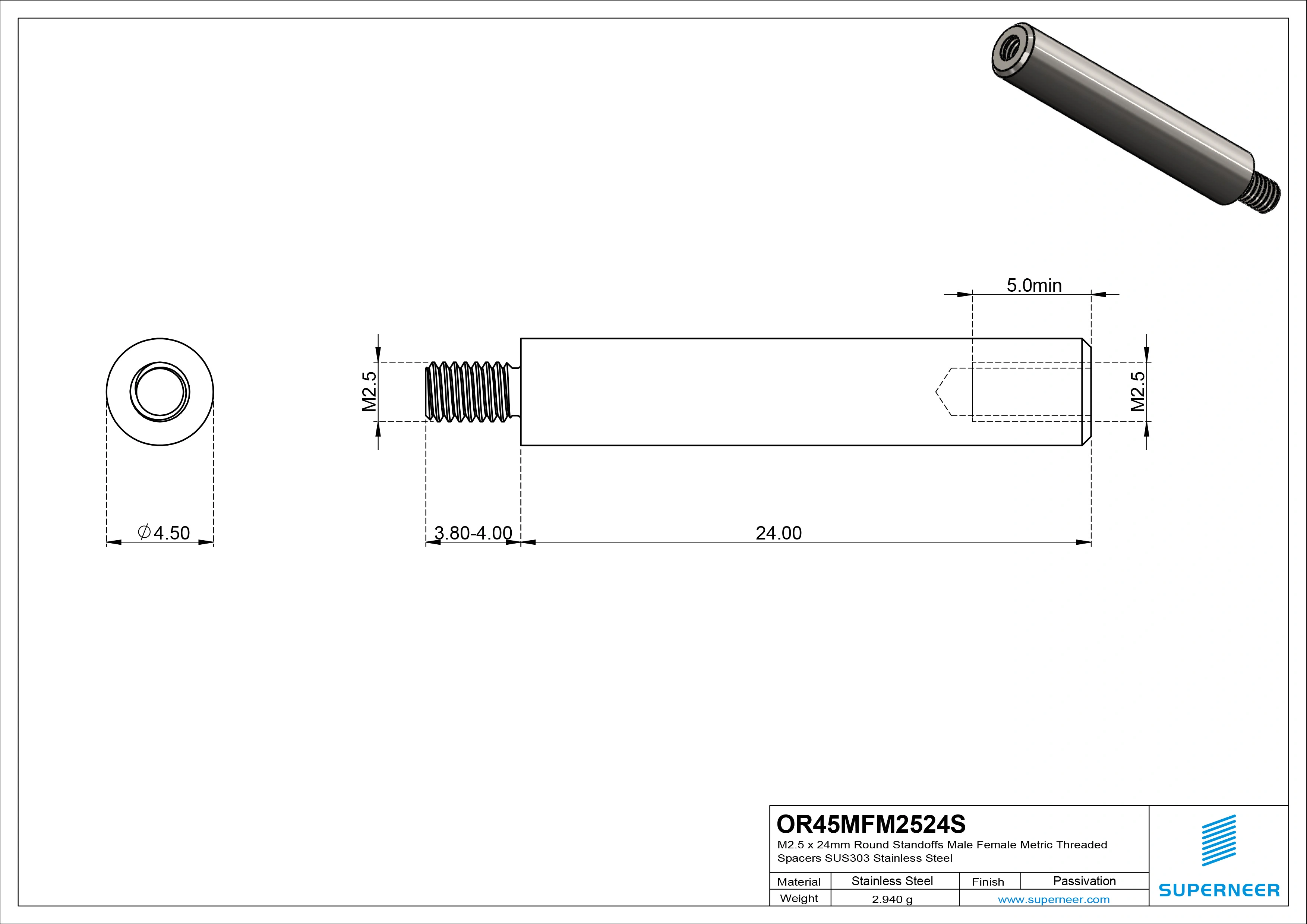 M2.5 x 24mm Round Standoffs Male Female Metric Threaded Spacers