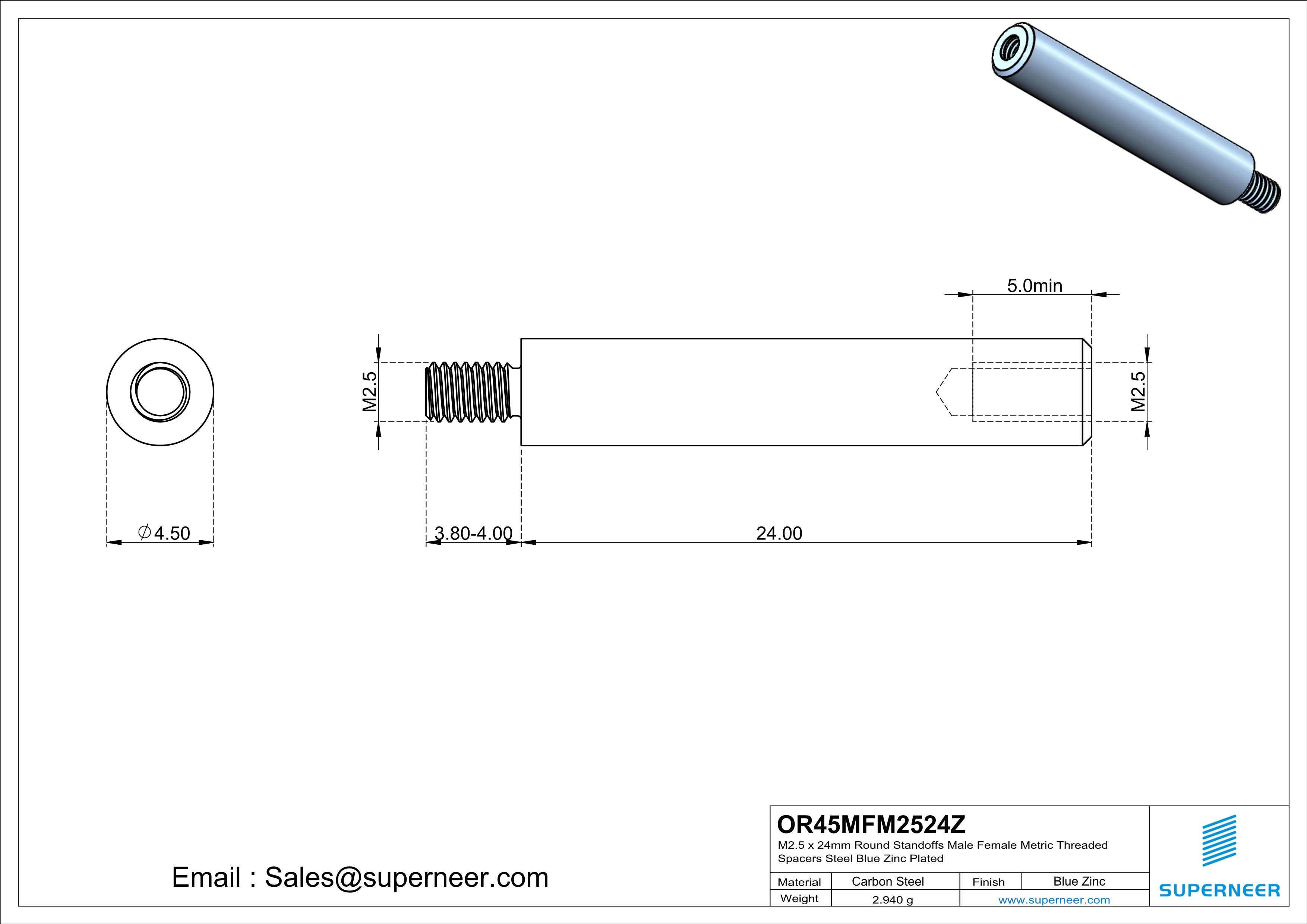 M2.5 x 24mm Round Standoffs Male Female Metric Threaded Spacers