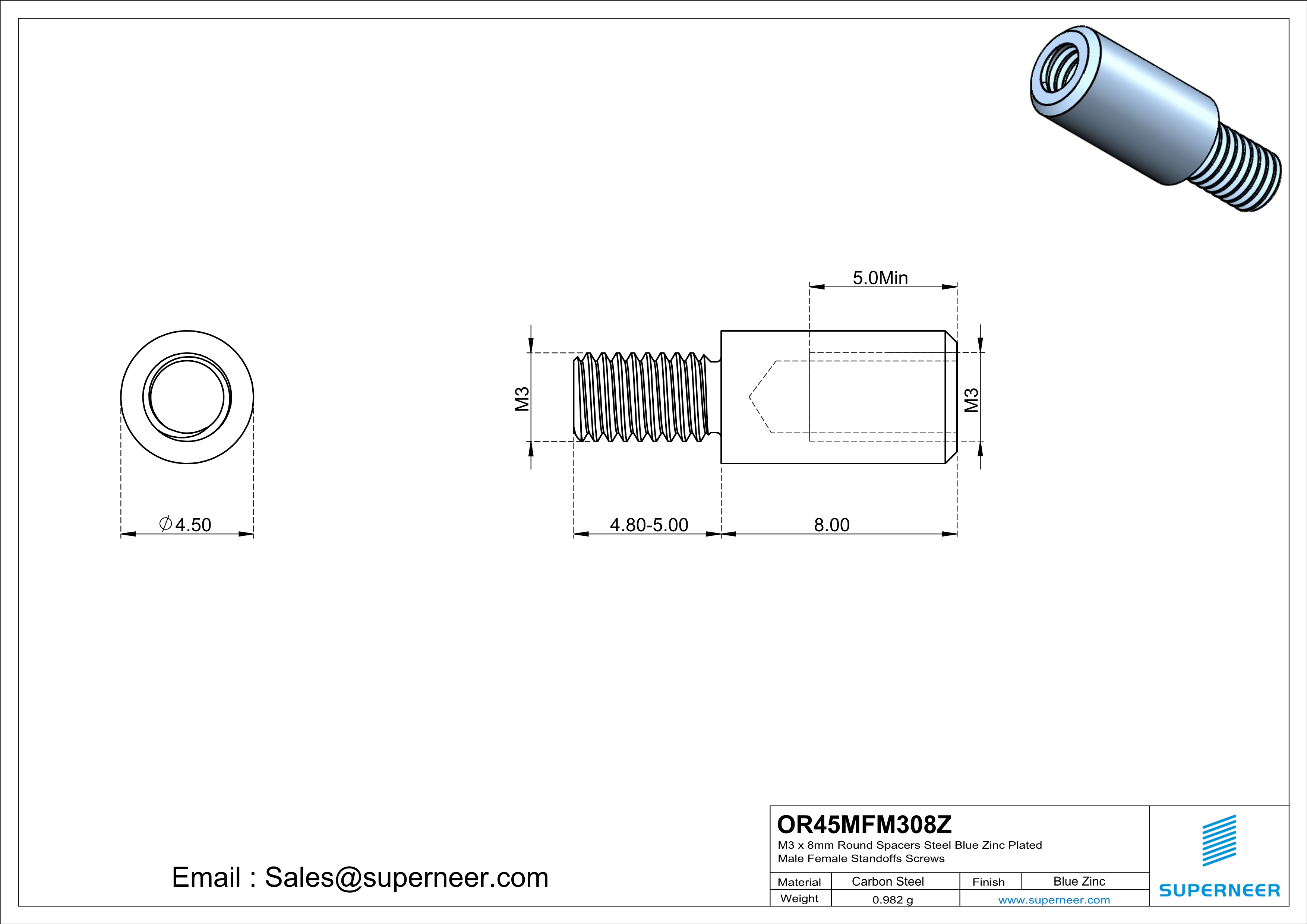 M3 x 8mm Round Spacers Steel Blue Zinc Plated Male Female Standoffs Screws