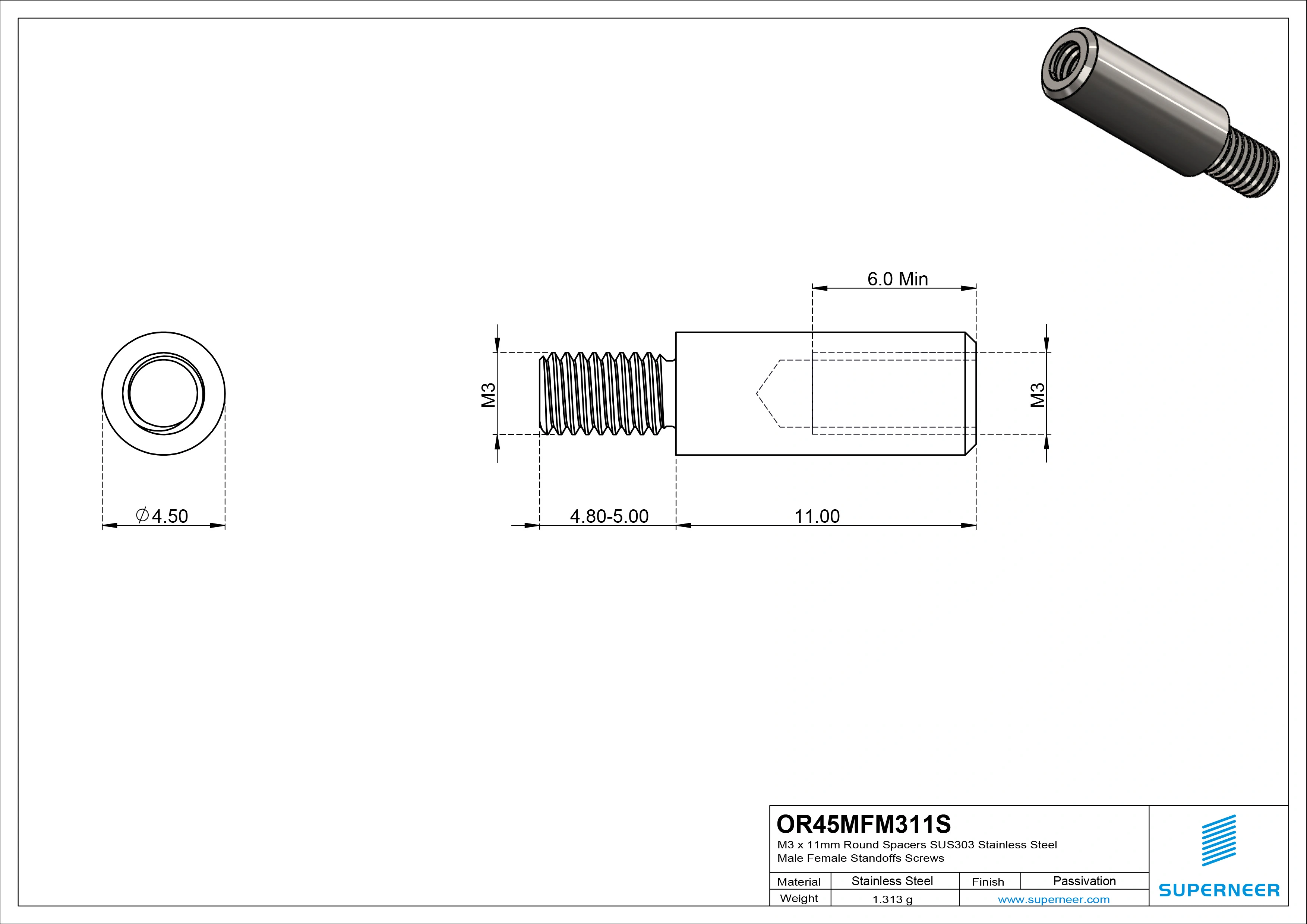 M3 x 11mm Round Spacers SUS303 Stainless Steel Inox Male Female Standoffs Screws