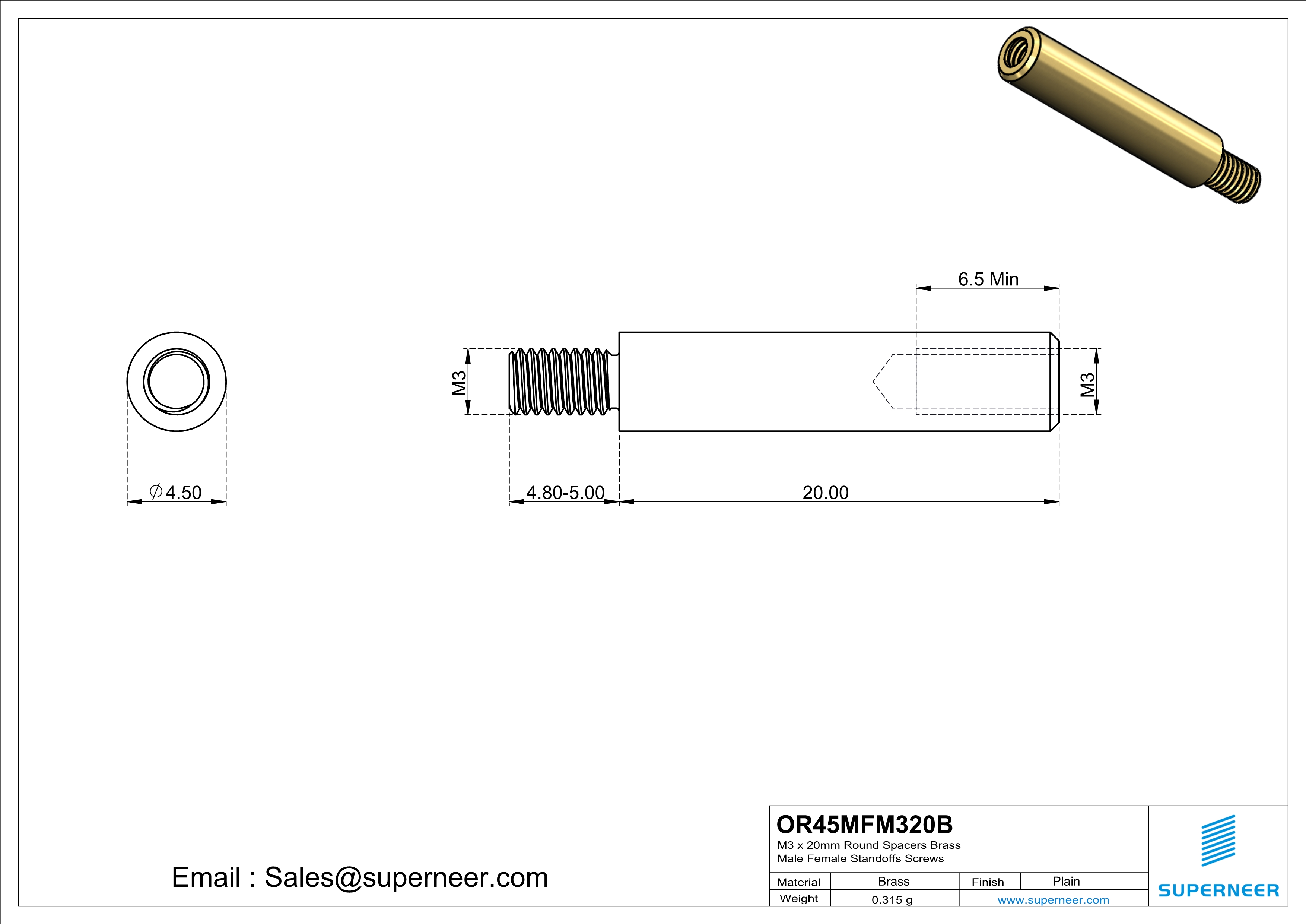 M3 x 20mm Round Spacers Brass Male Female Standoffs Screws