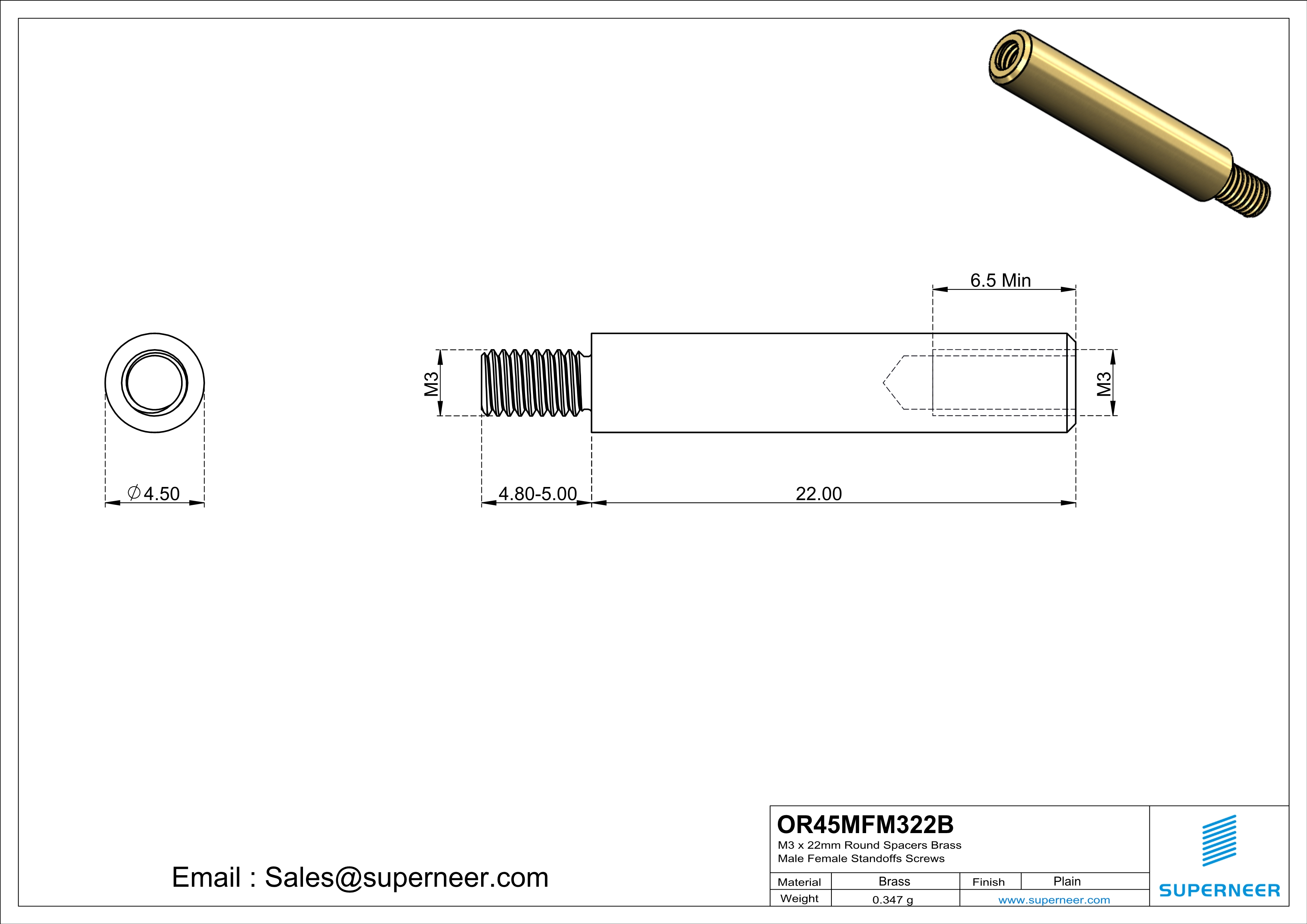 M3 x 22mm Round Spacers Brass Male Female Standoffs Screws