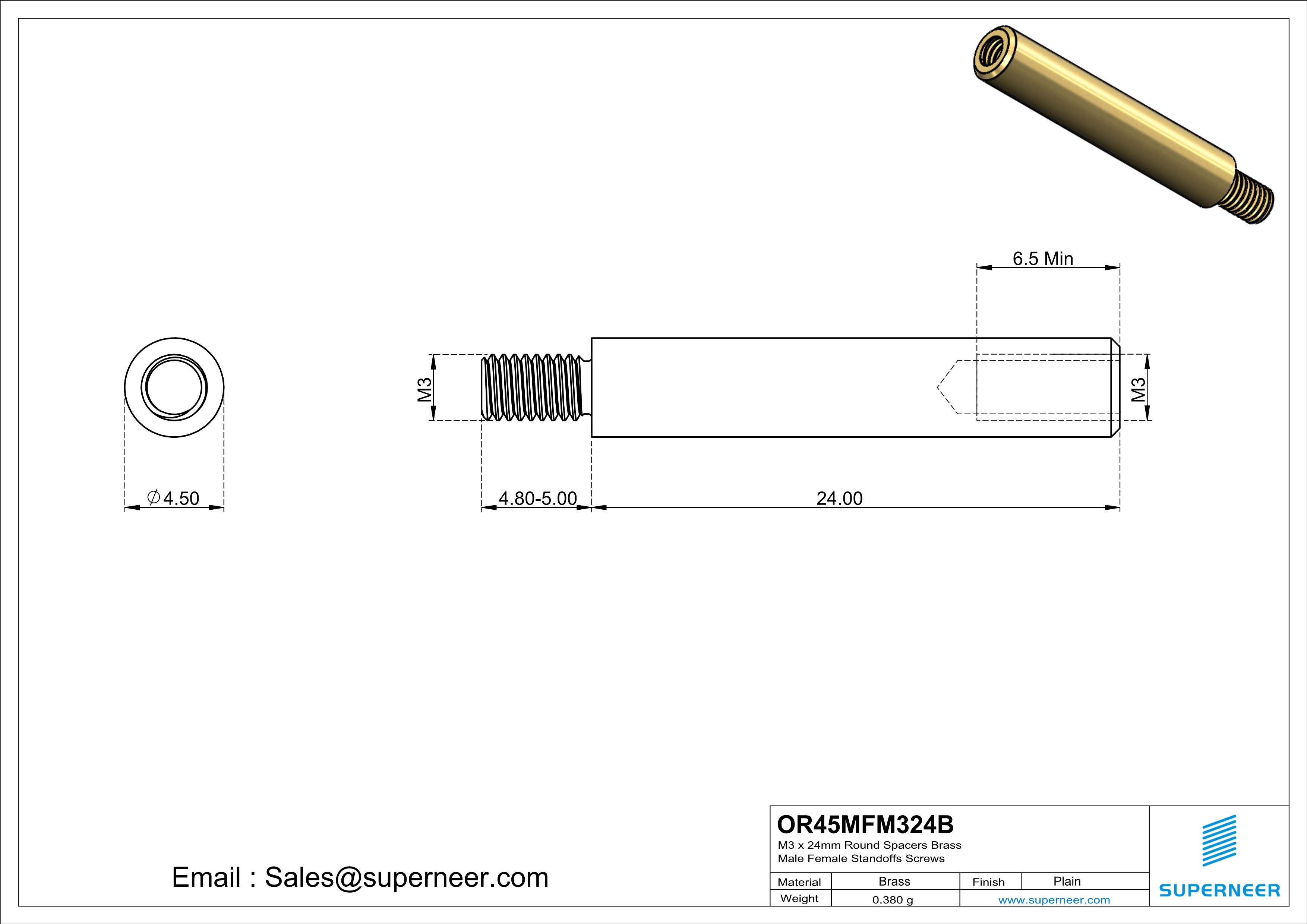 M3 x 24mm Round Spacers Brass Male Female Standoffs Screws