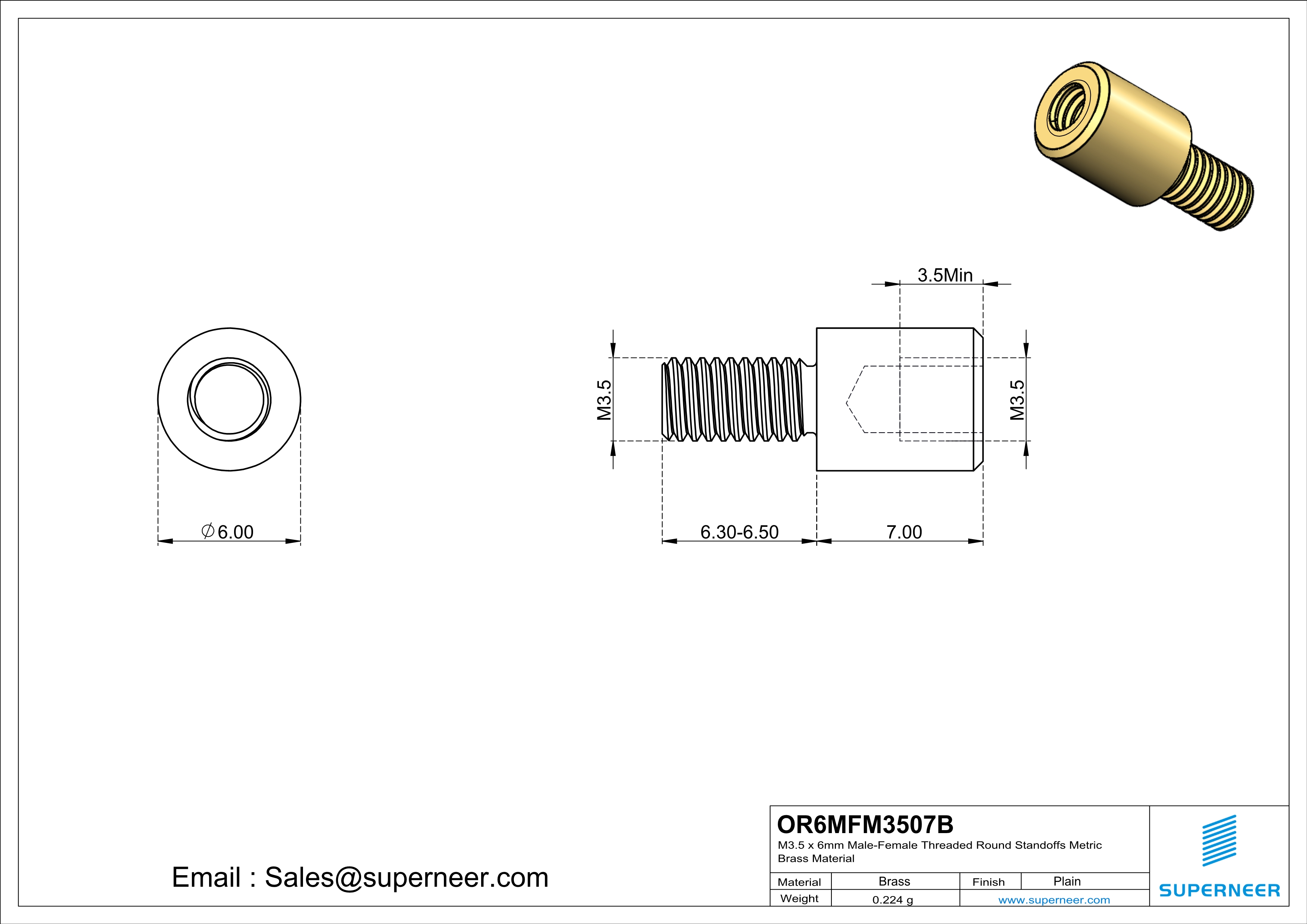 M3.5 x 7mm Male-Female Threaded Round Standoffs Metric Brass Material