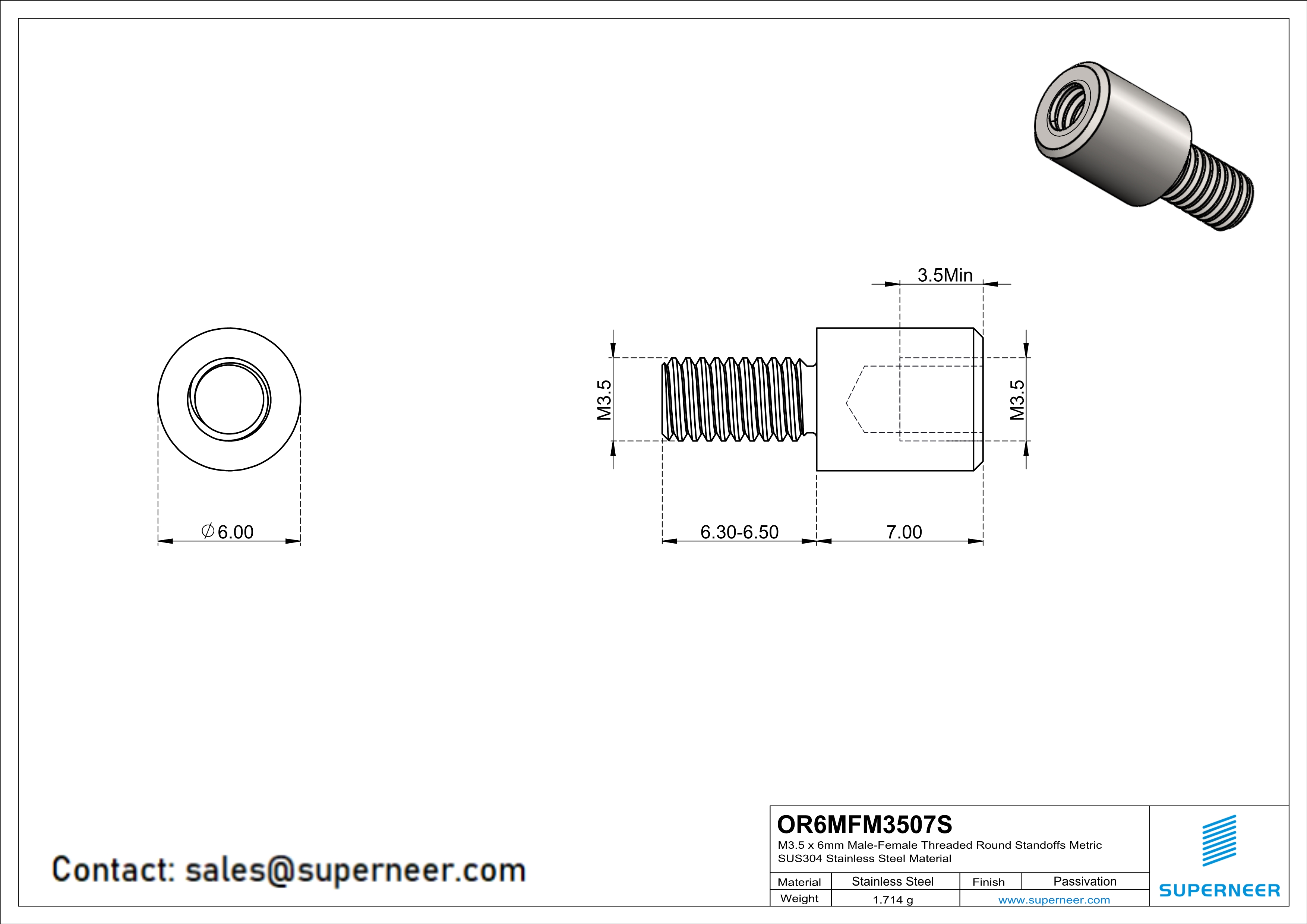 M3.5 x 7mm Male-Female Threaded Round Standoffs Metric SUS303 Stainless Steel Inox Material