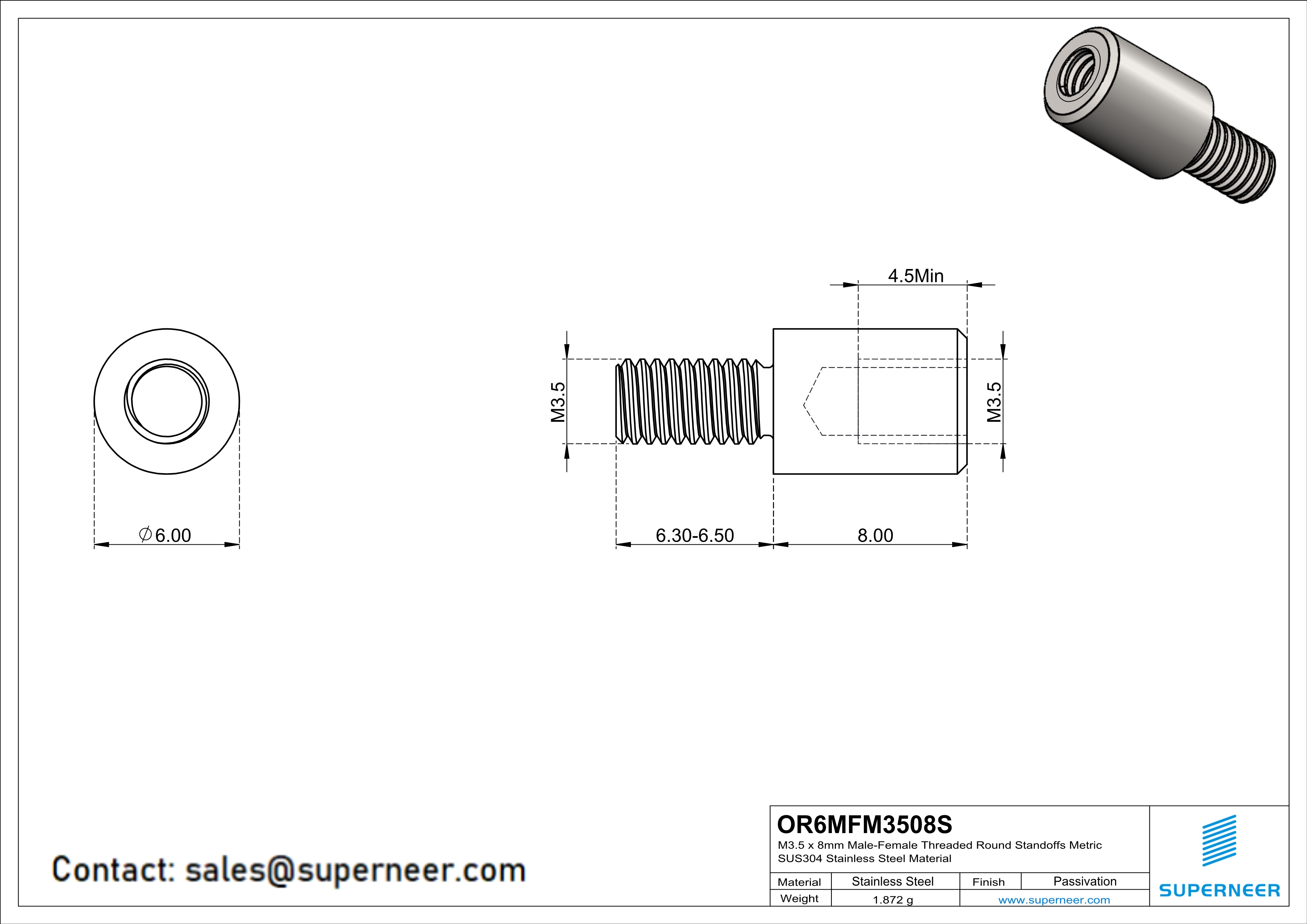 M3.5 x 8mm Male-Female Threaded Round Standoffs Metric SUS303 Stainless Steel Inox Material