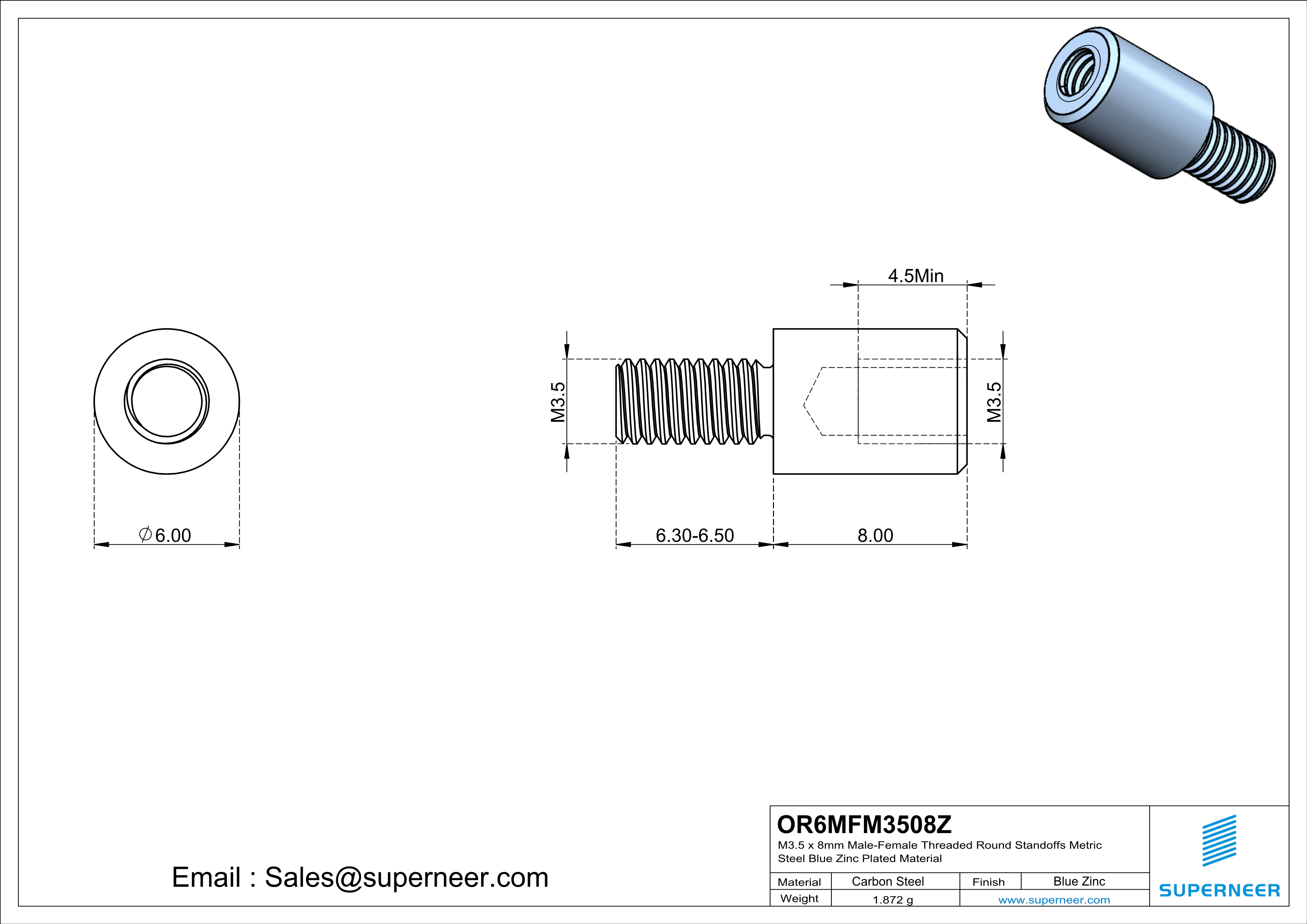 M3.5 x 8mm Male-Female Threaded Round Standoffs Metric Steel Blue Zinc Plated Material