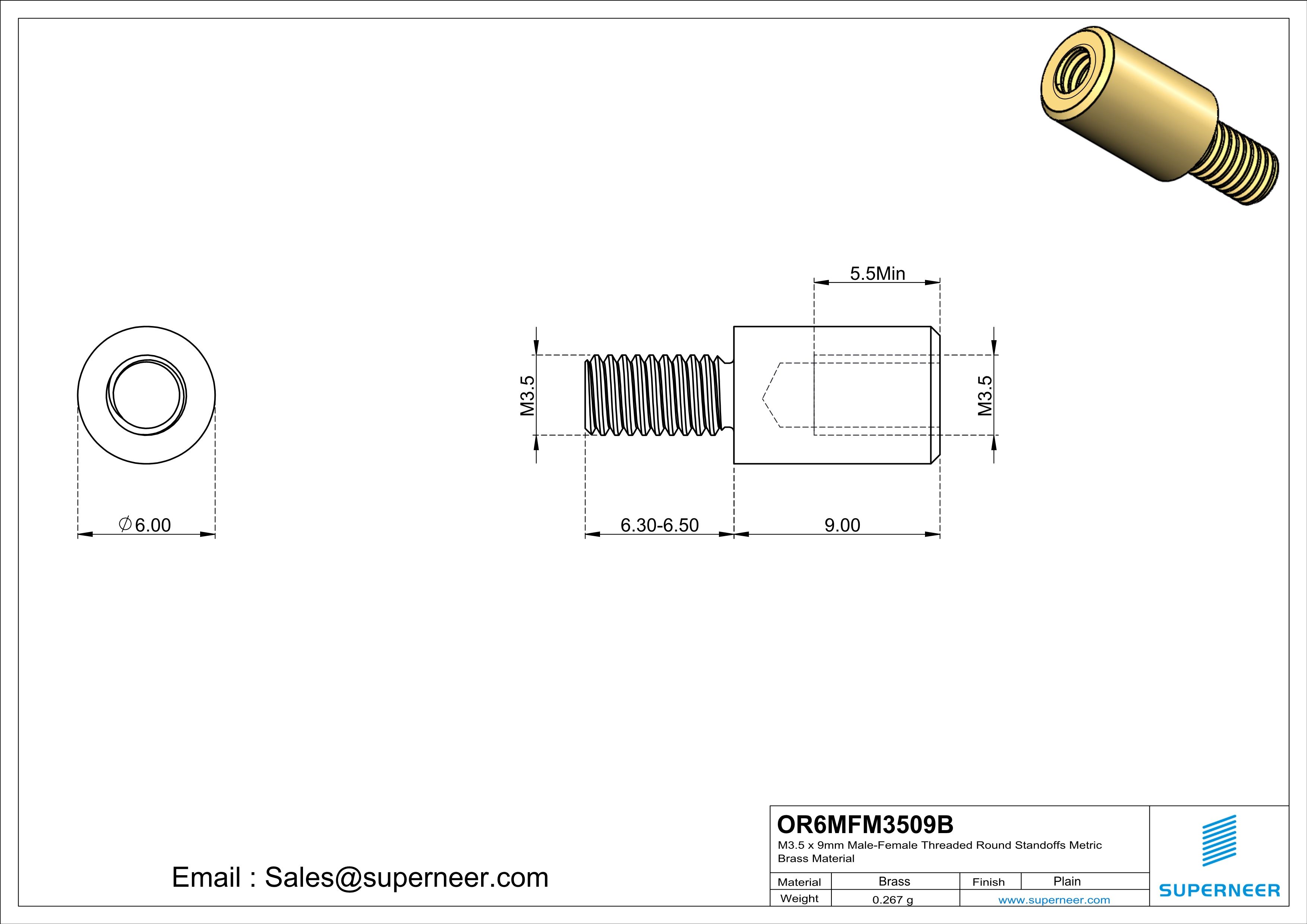 M3.5 x 9mm Male-Female Threaded Round Standoffs Metric Brass Material