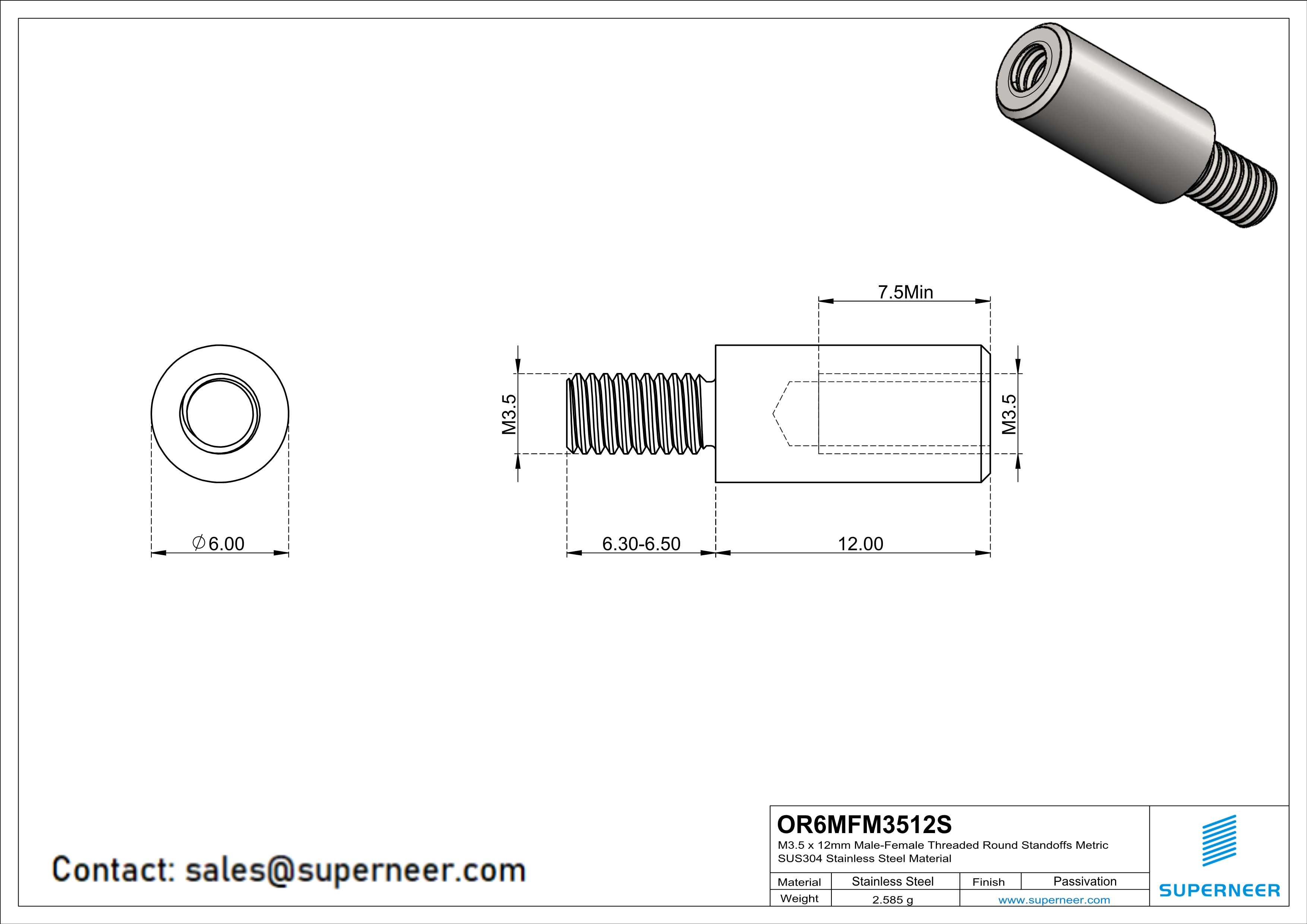 M3.5 x 12mm Male-Female Threaded Round Standoffs Metric SUS303 Stainless Steel Inox Material