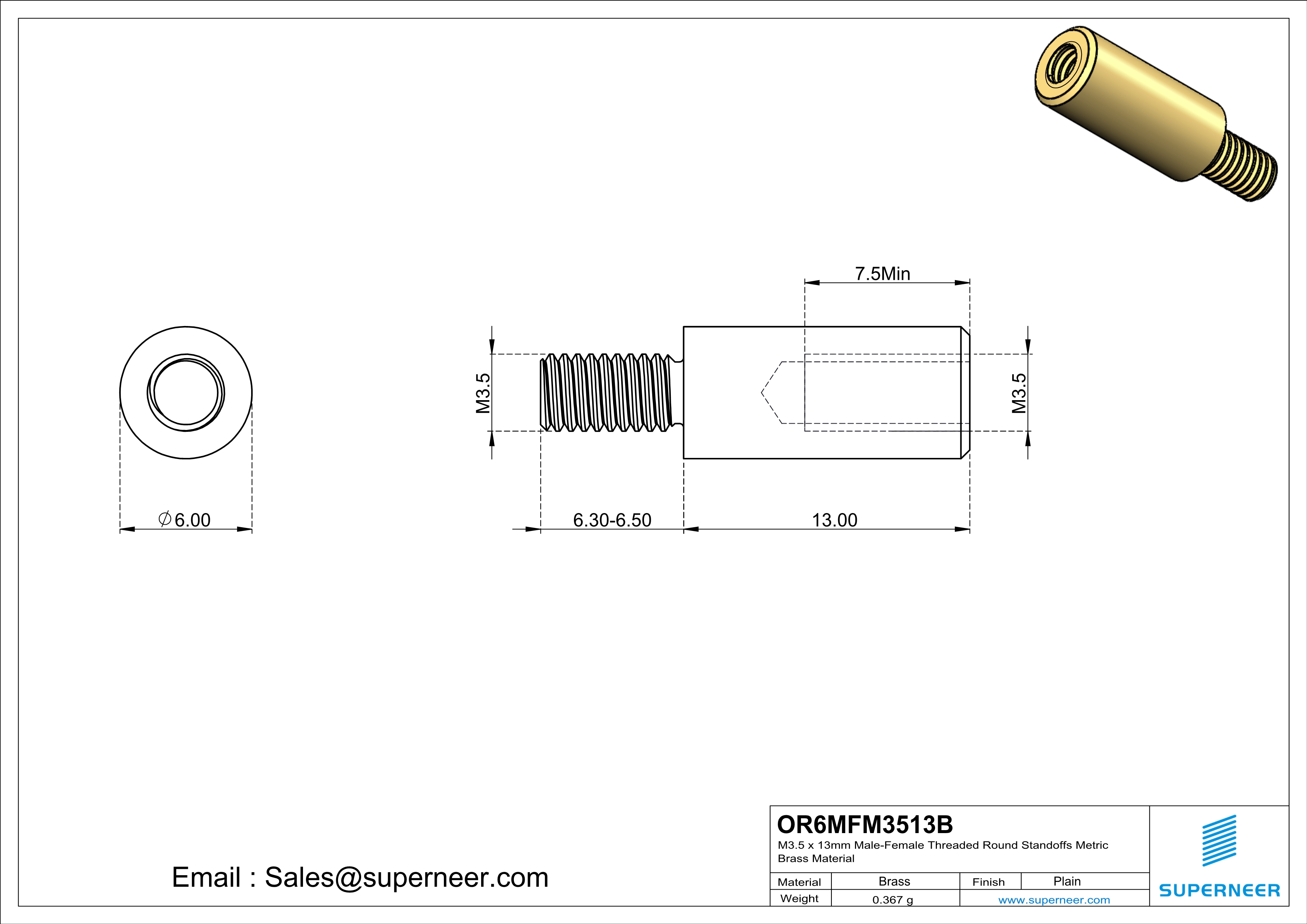 M3.5 x 13mm Male-Female Threaded Round Standoffs Metric Brass Material