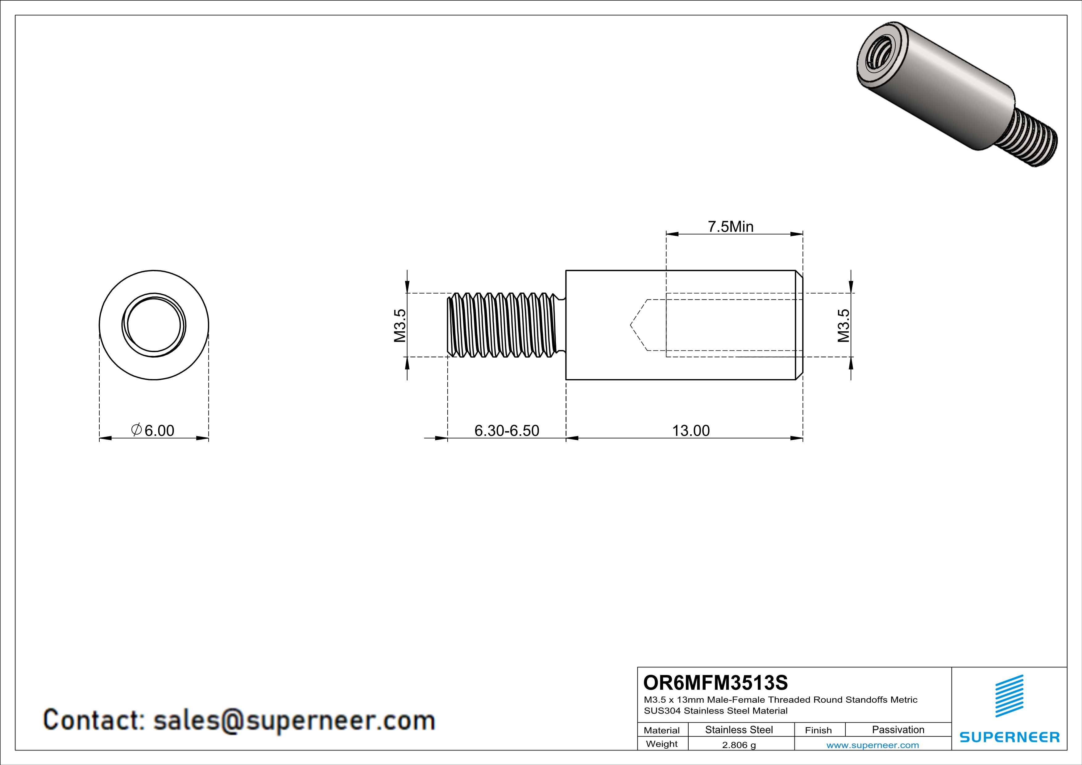 M3.5 x 13mm Male-Female Threaded Round Standoffs Metric SUS303 Stainless Steel Inox Material