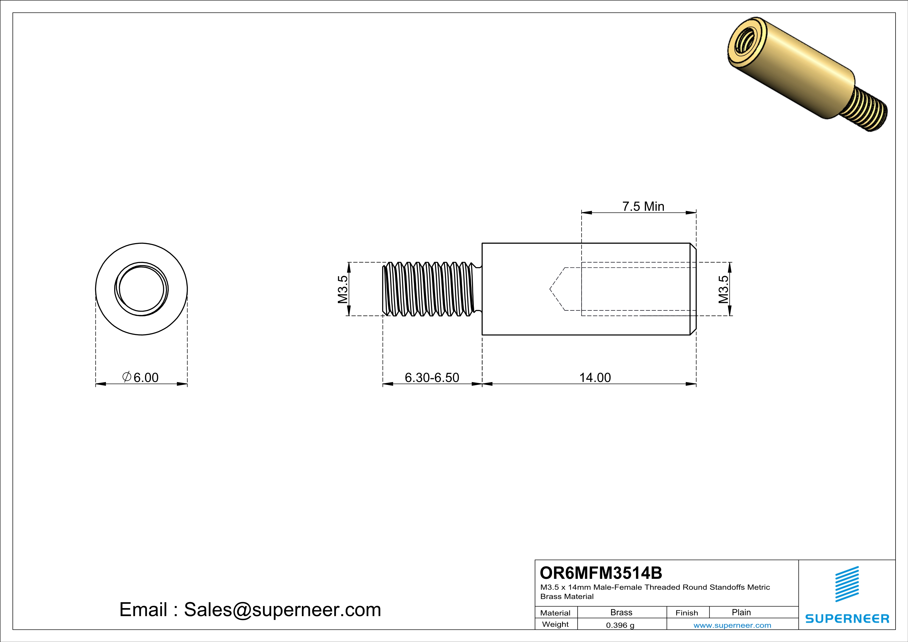 M3.5 x 14mm Male-Female Threaded Round Standoffs Metric Brass Material