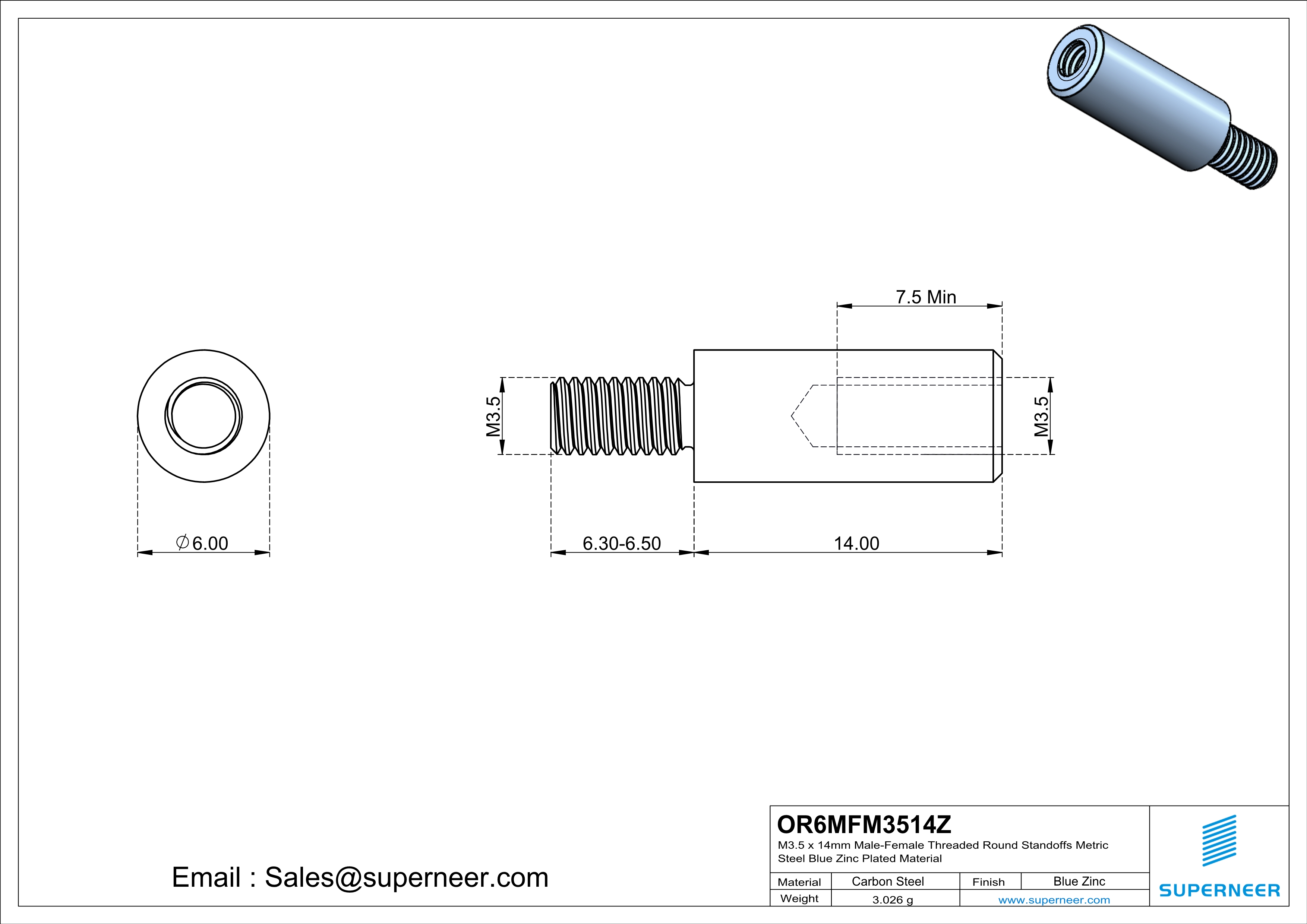 M3.5 x 14mm Male-Female Threaded Round Standoffs Metric Steel Blue Zinc Plated Material