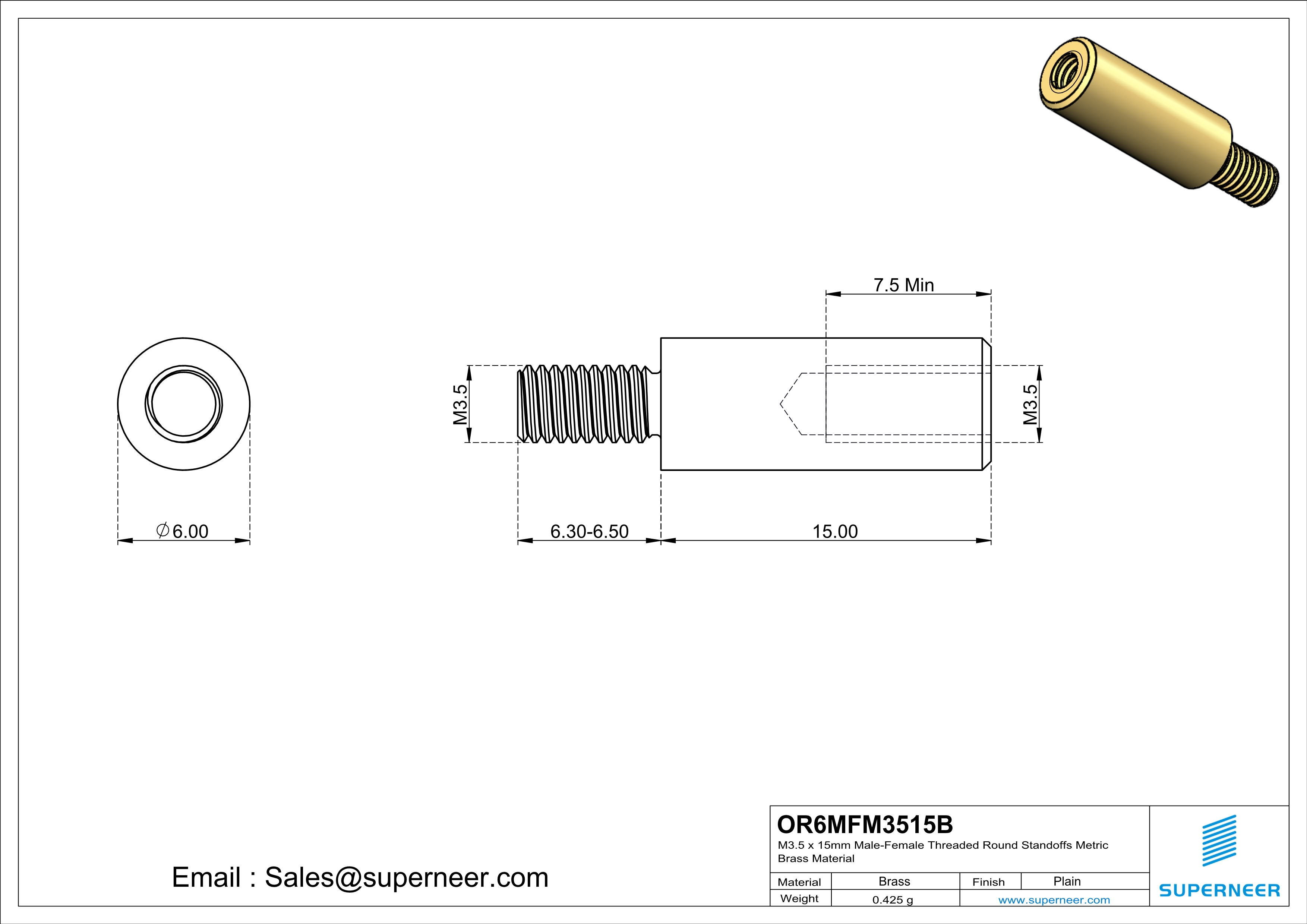 M3.5 x 15mm Male-Female Threaded Round Standoffs Metric Brass Material