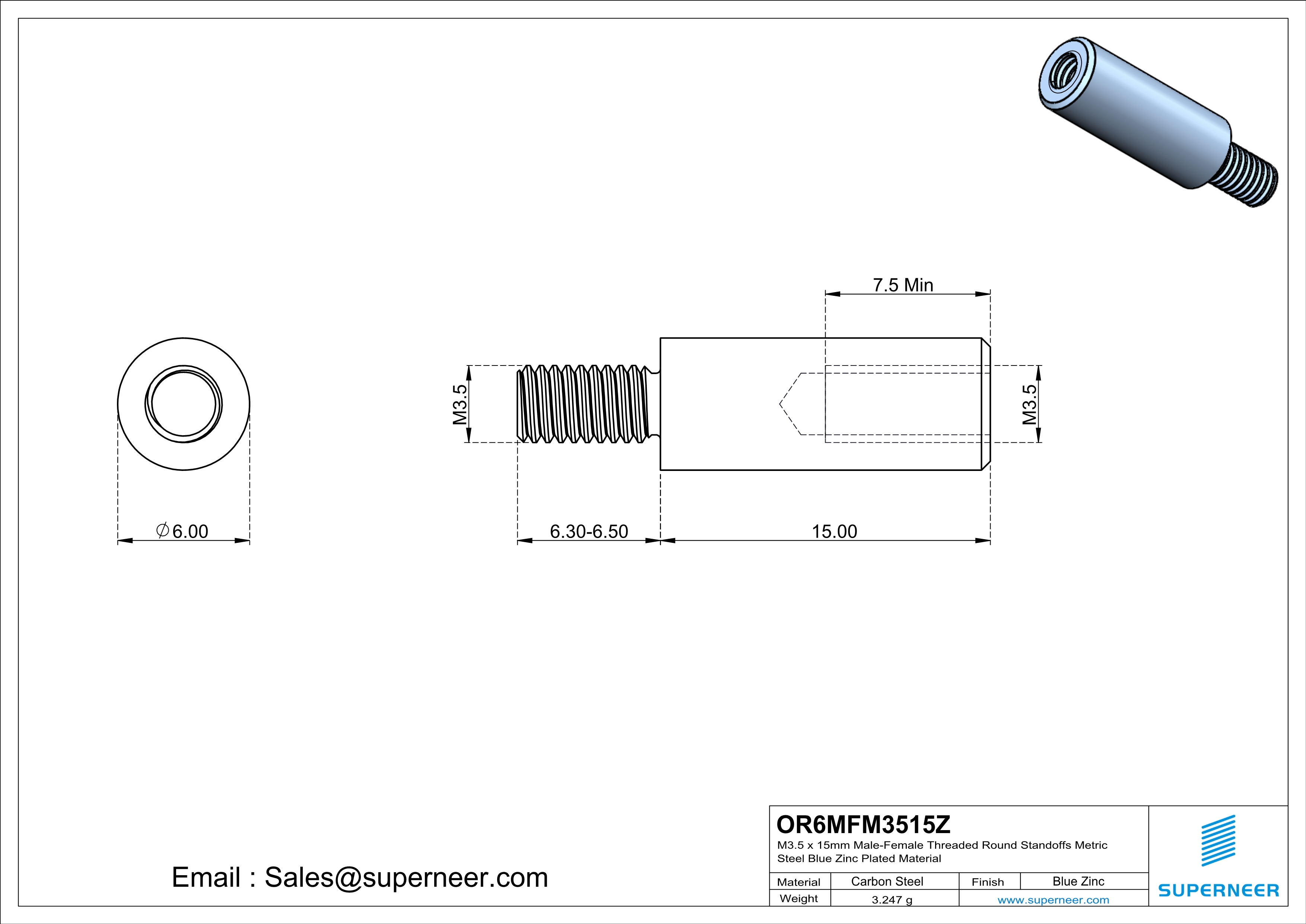 M3.5 x 15mm Male-Female Threaded Round Standoffs Metric Steel Blue Zinc Plated Material