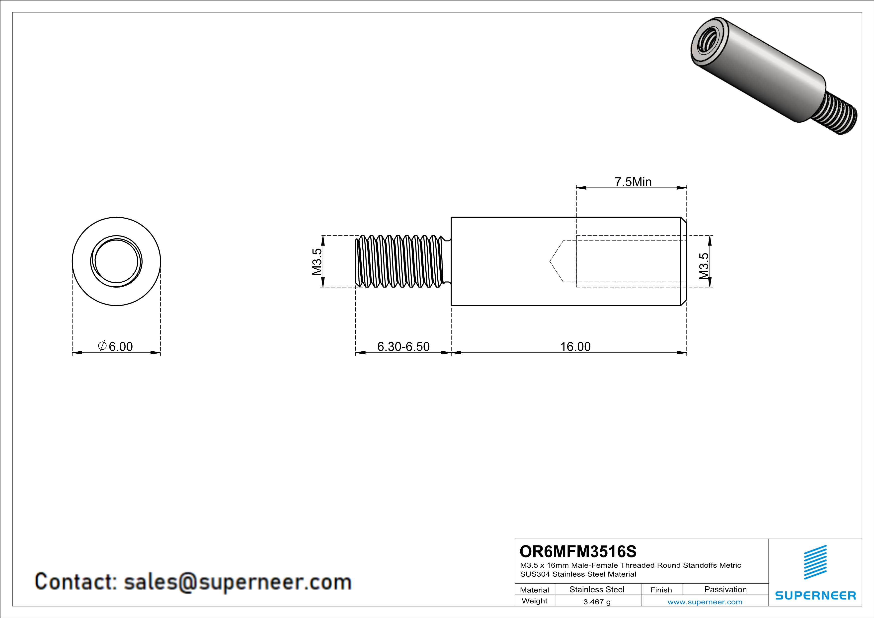 M3.5 x 16mm Male-Female Threaded Round Standoffs Metric SUS303 Stainless Steel Inox Material