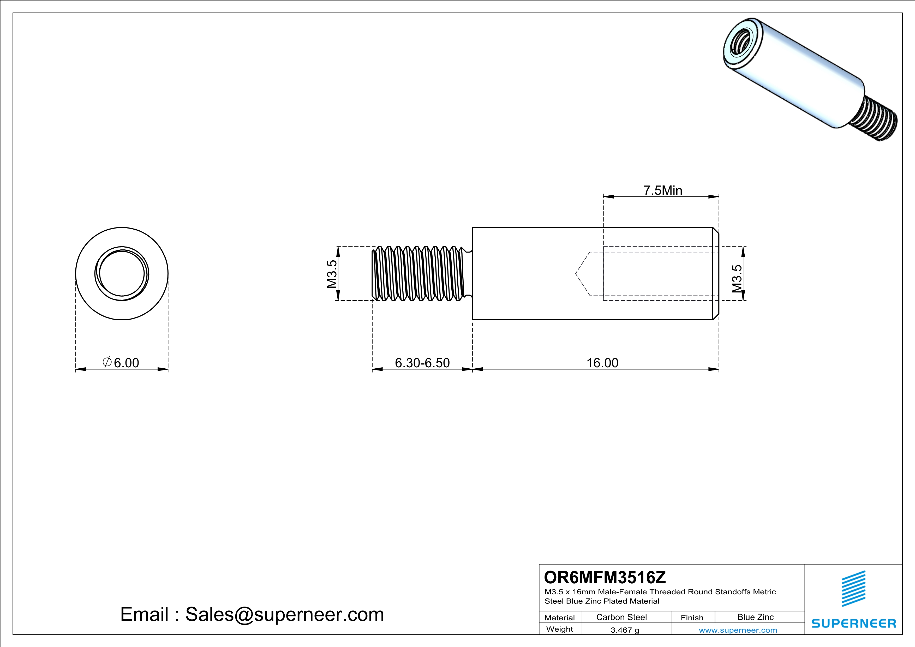 M3.5 x 16mm Male-Female Threaded Round Standoffs Metric Steel Blue Zinc Plated Material