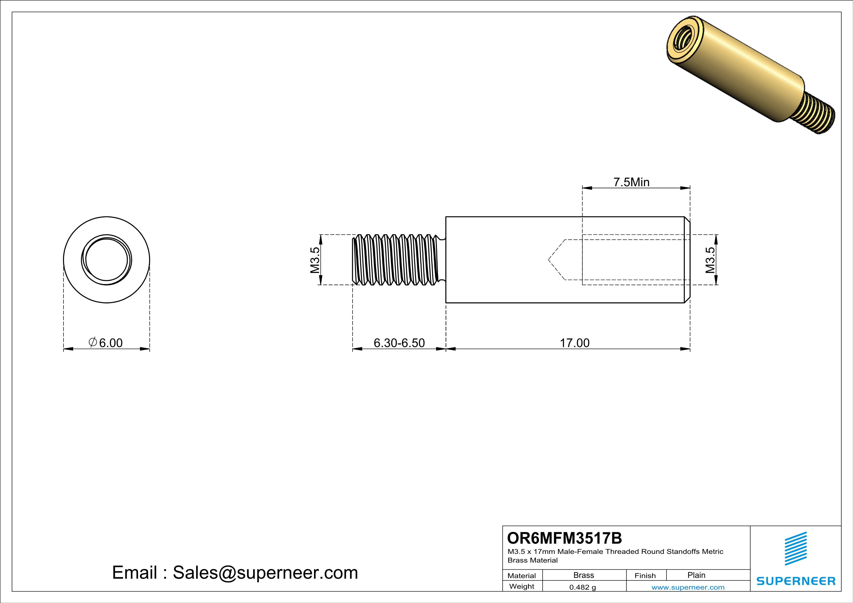 M3.5 x 17mm Male-Female Threaded Round Standoffs Metric Brass Material